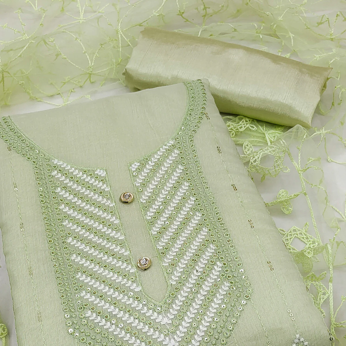 Shimmering Green Sequins Embroidered Chander Cotton Suit Material - Image 2