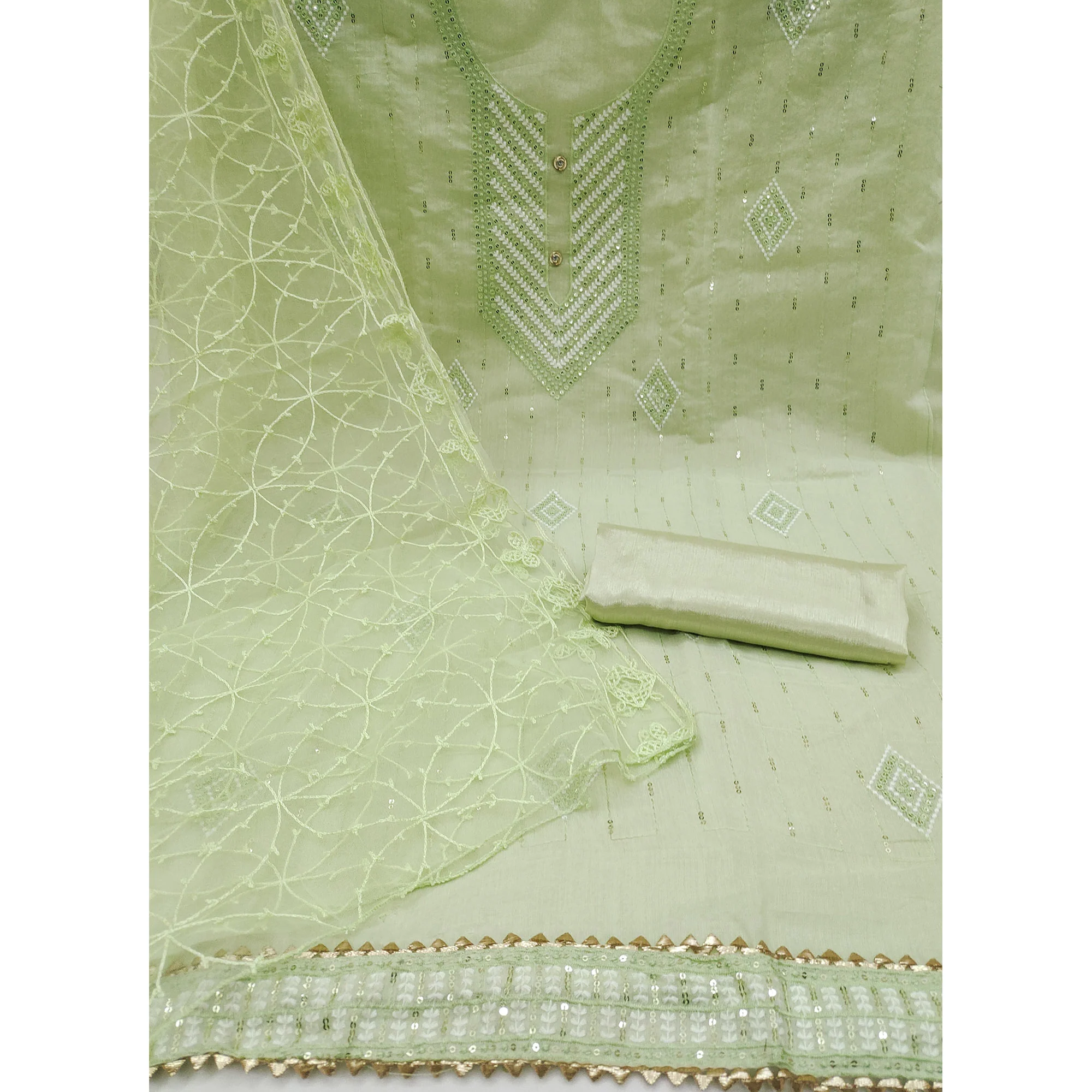 Shimmering Green Sequins Embroidered Chander Cotton Suit Material - Image 3