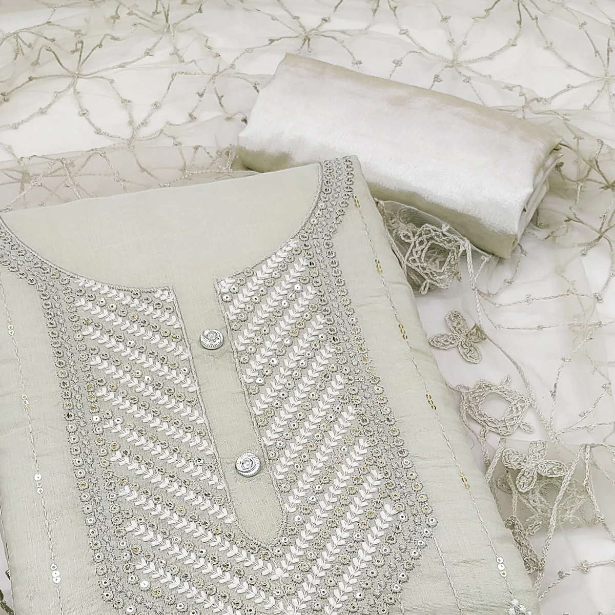 Shimmering Grey Sequins Embroidered Chander Cotton Suit Material - Image 2
