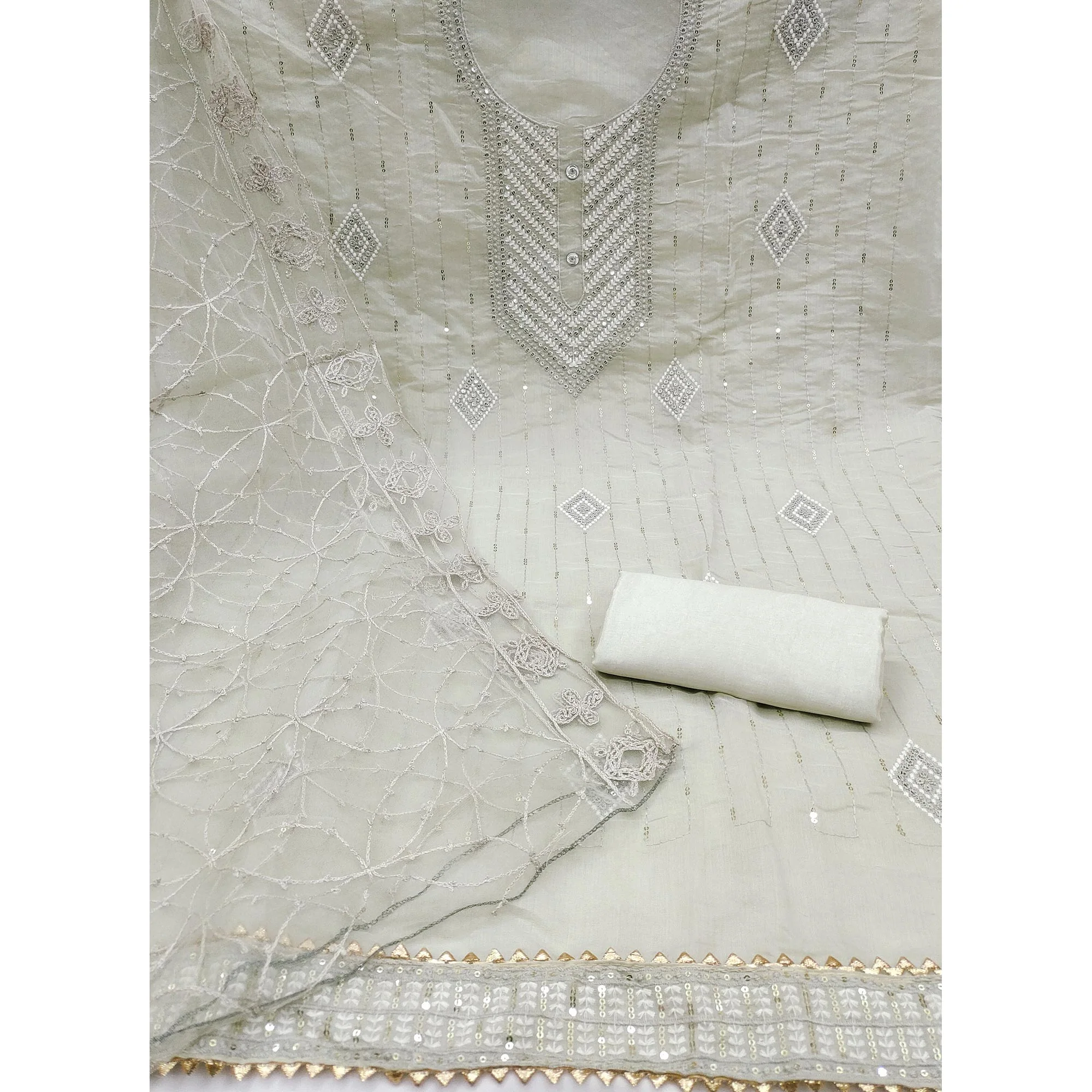 Shimmering Grey Sequins Embroidered Chander Cotton Suit Material - Image 3