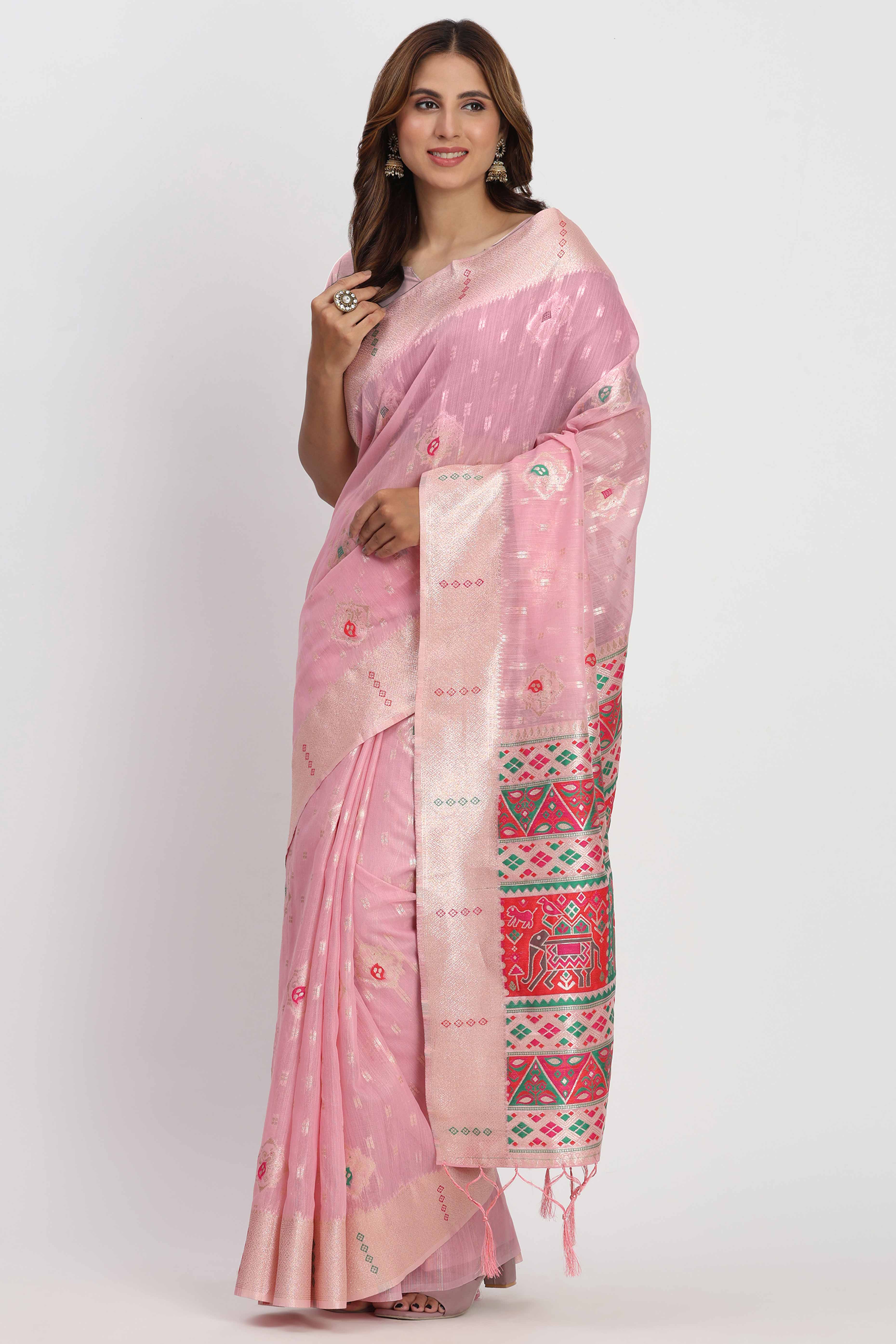 Shimmering Light Pink linen Cotton Saree Embellished With Rich Zari Weaving And Tassels Pallu - Image 4