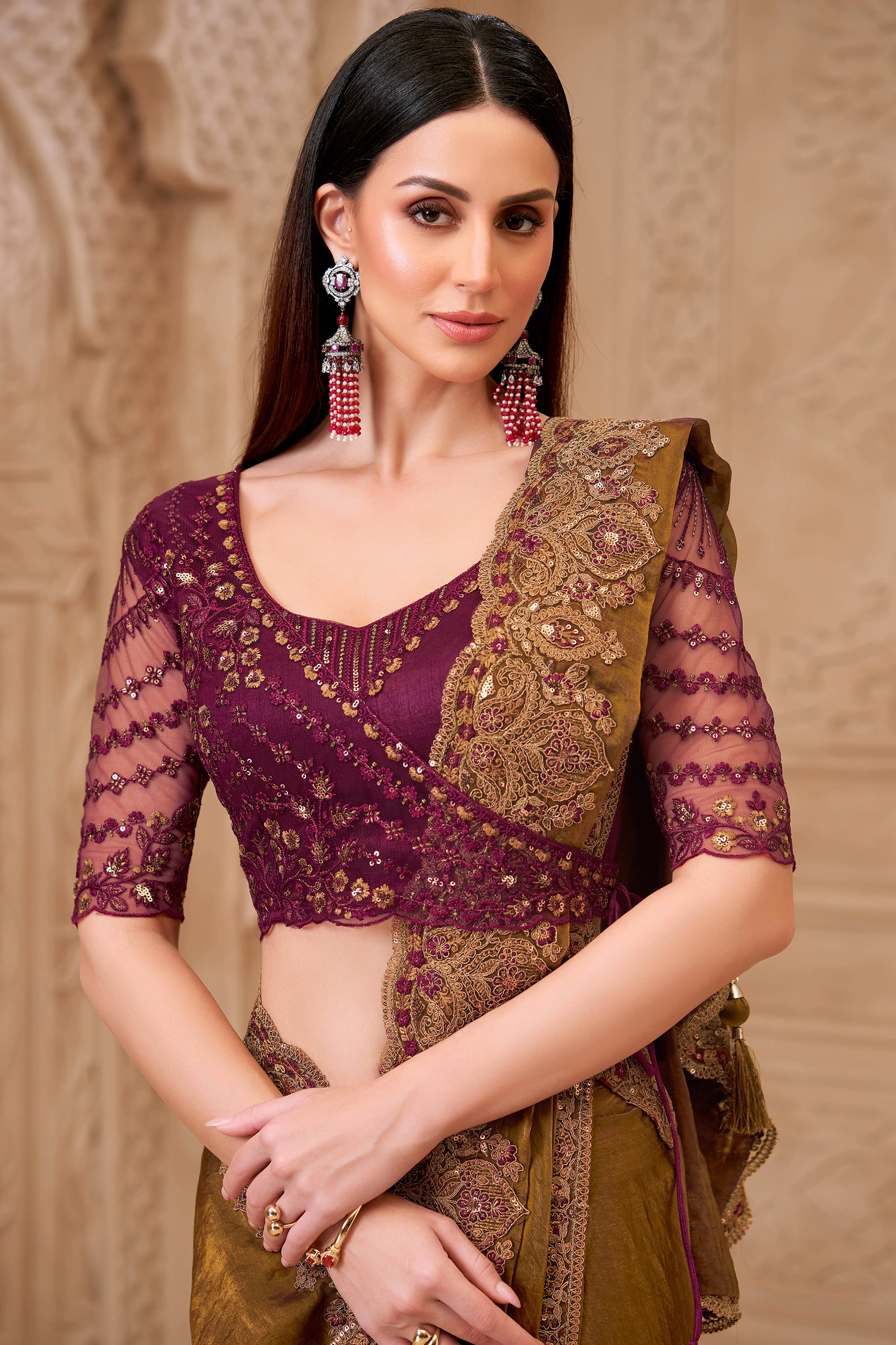 Shimmering Mehendi Green Georgette Saree with Graceful Thread Embellishment and Sequins - Image 3
