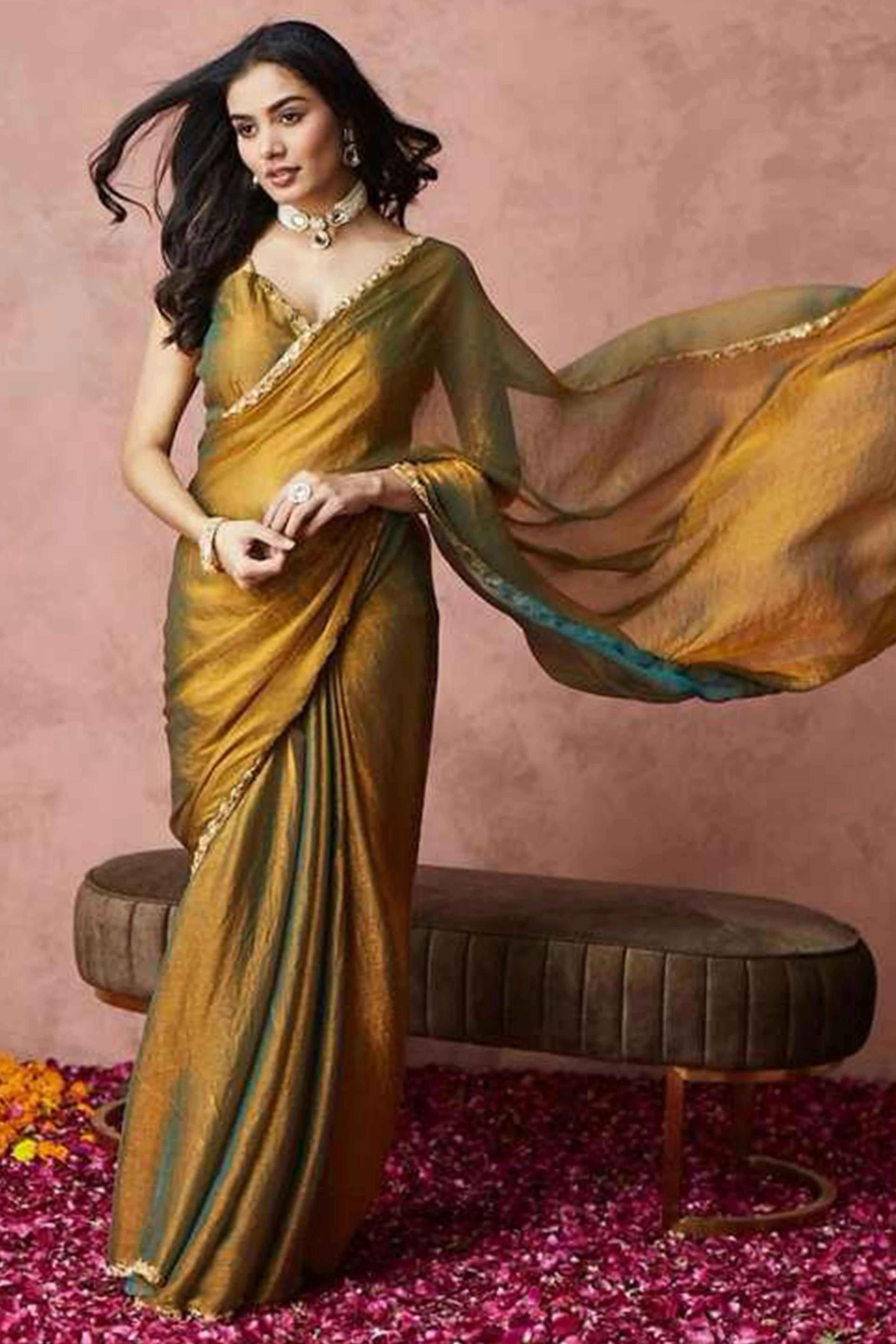 Shimmering Metallic Gold Chiffon Solid Saree With Stone Detailing - Image 3