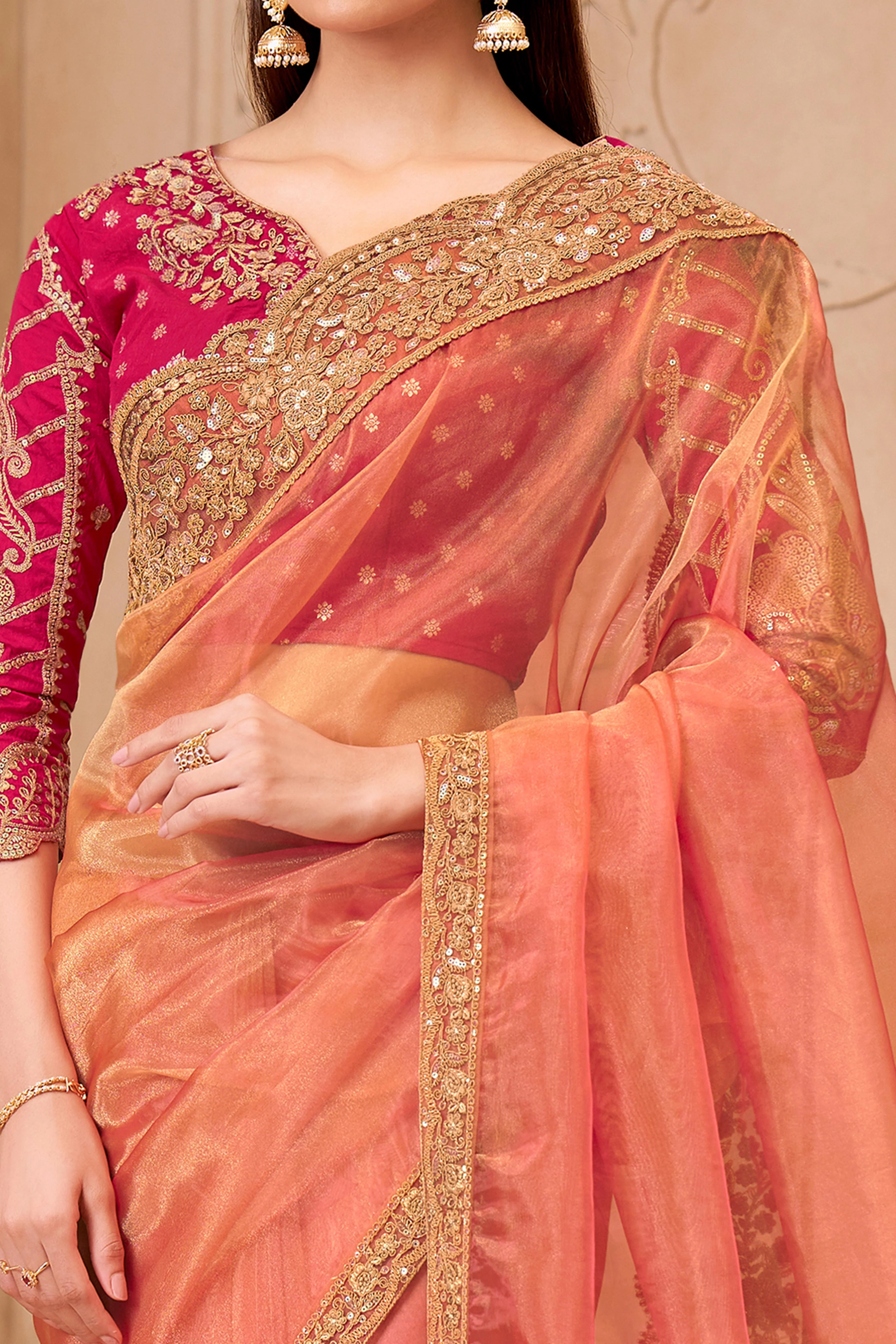 Shimmering Orange Georgette Saree with Graceful Thread Embellishment and Sequins - Image 2