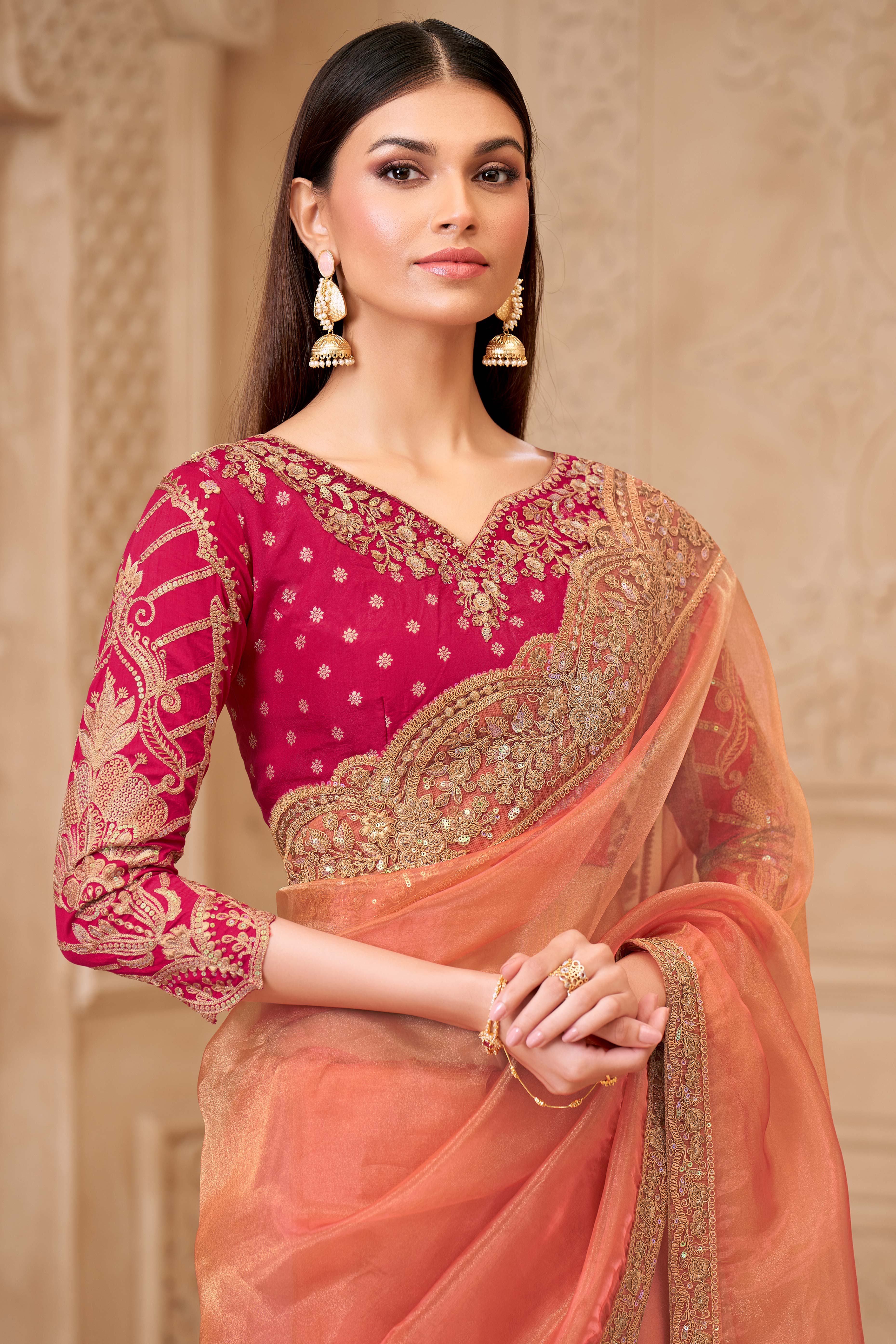 Shimmering Orange Georgette Saree with Graceful Thread Embellishment and Sequins - Image 3