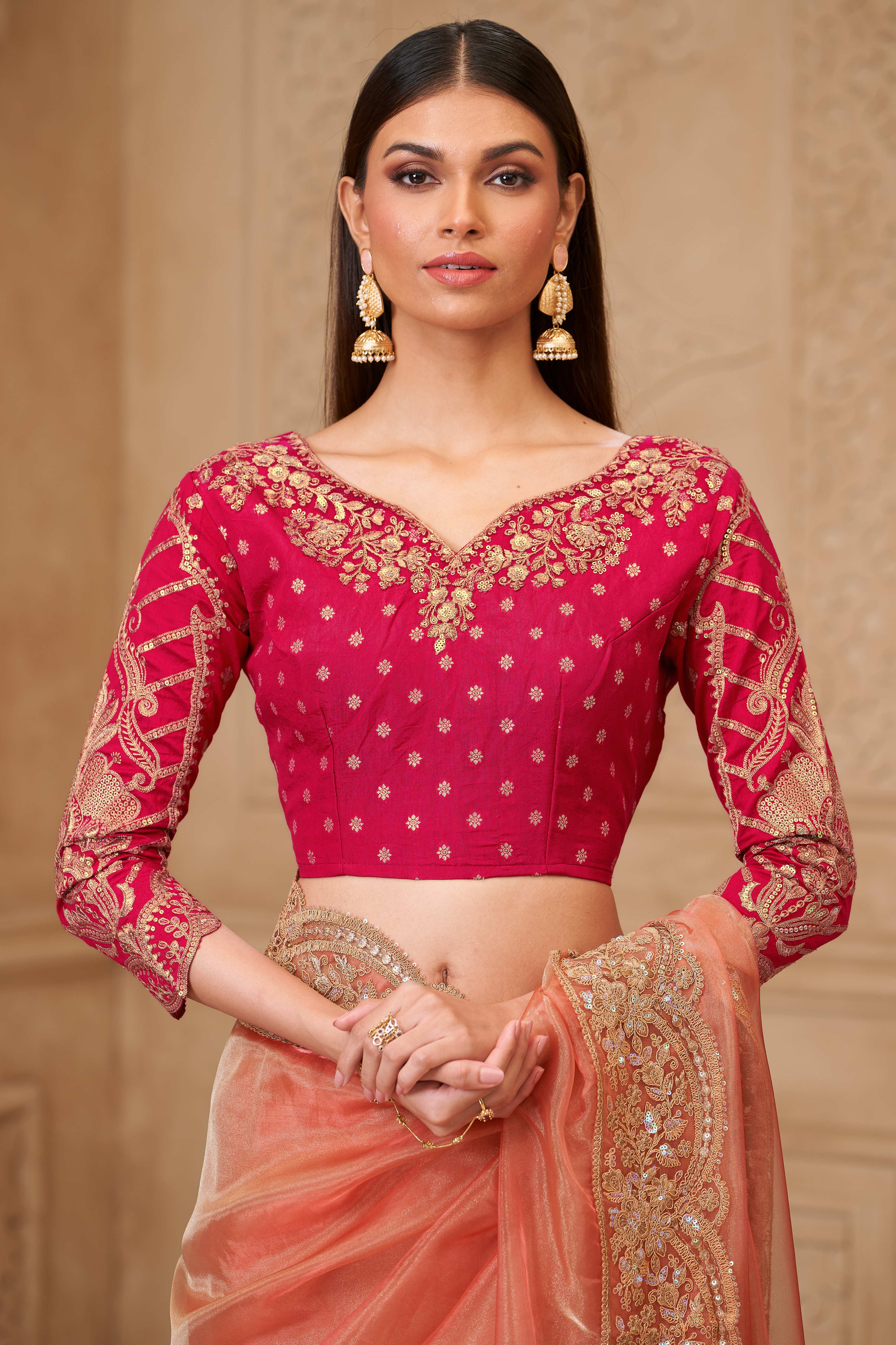 Shimmering Orange Georgette Saree with Graceful Thread Embellishment and Sequins - Image 4