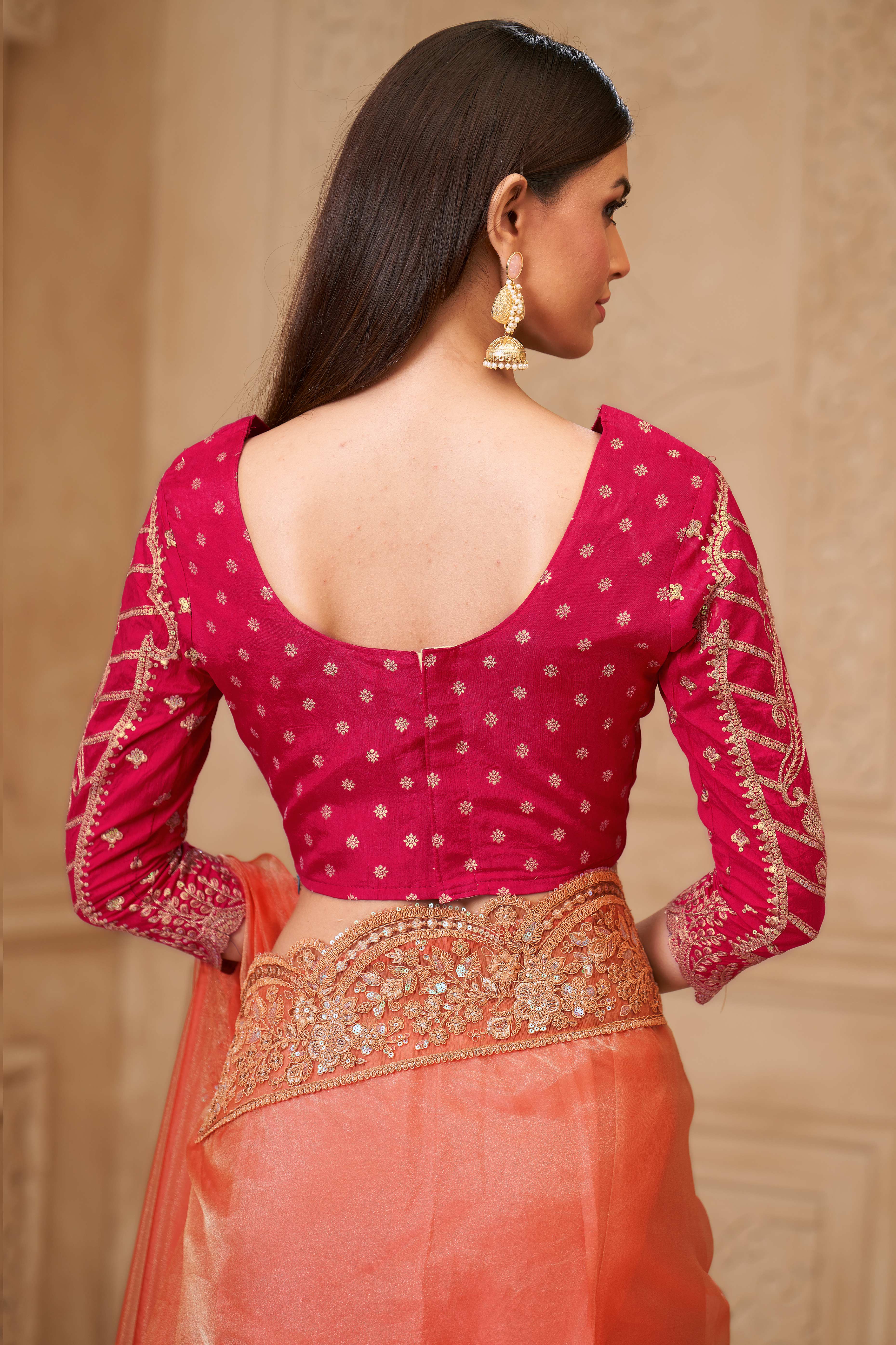 Shimmering Orange Georgette Saree with Graceful Thread Embellishment and Sequins - Image 5
