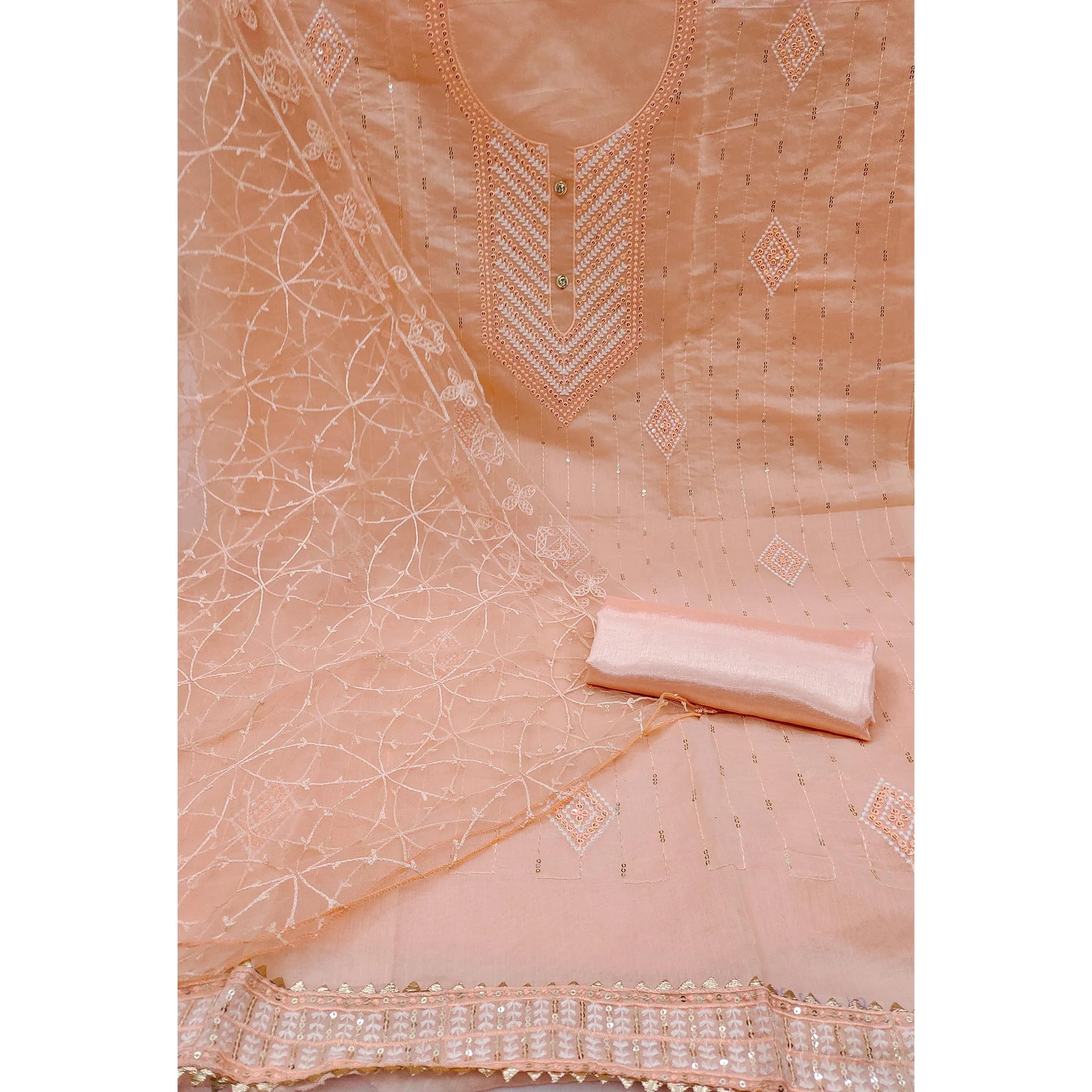 Shimmering Peach Sequins Embroidered Chander Cotton Suit Material - Image 3