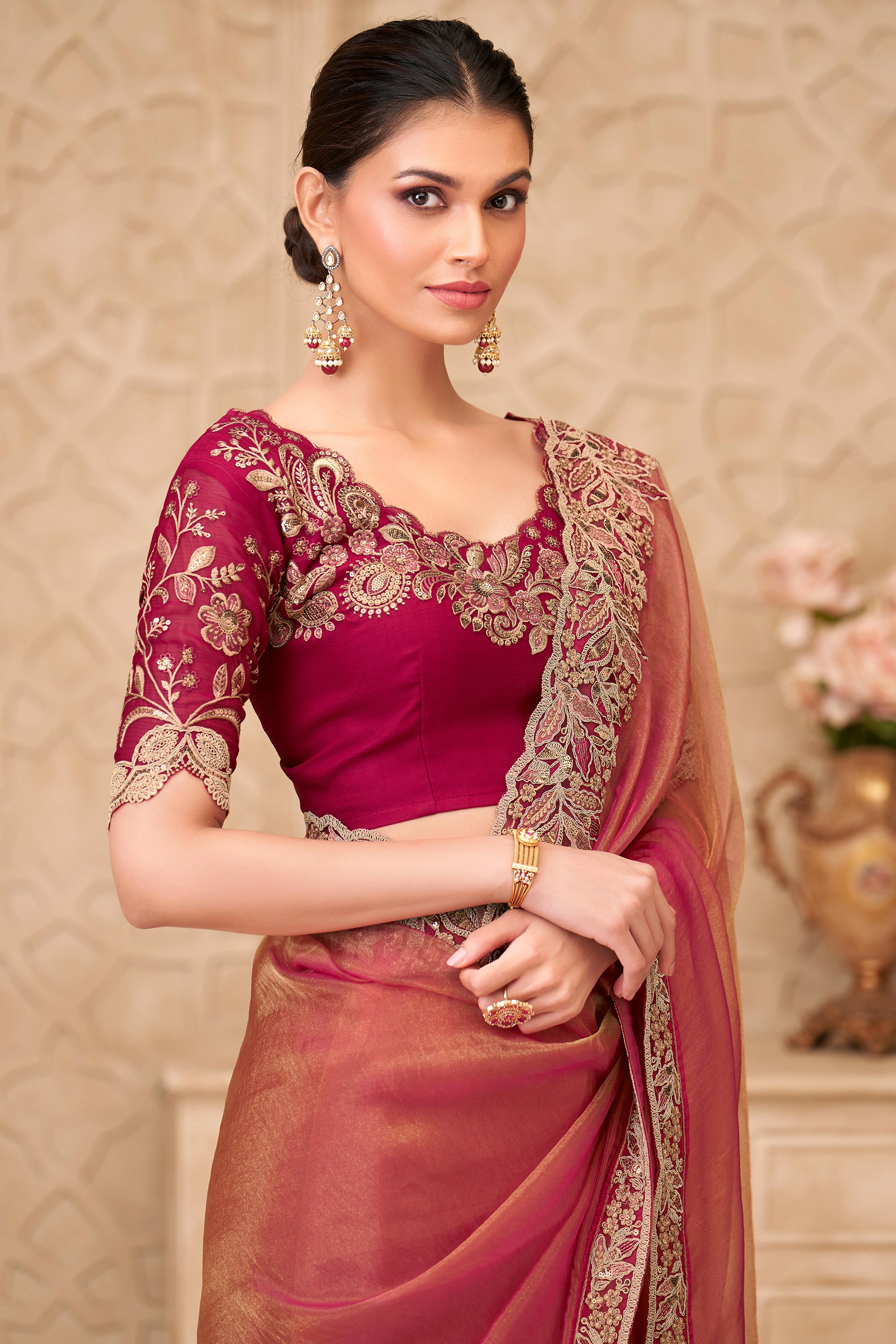 Shimmering Pink Georgette Saree with Graceful Thread Embellishment and Sequins - Image 3