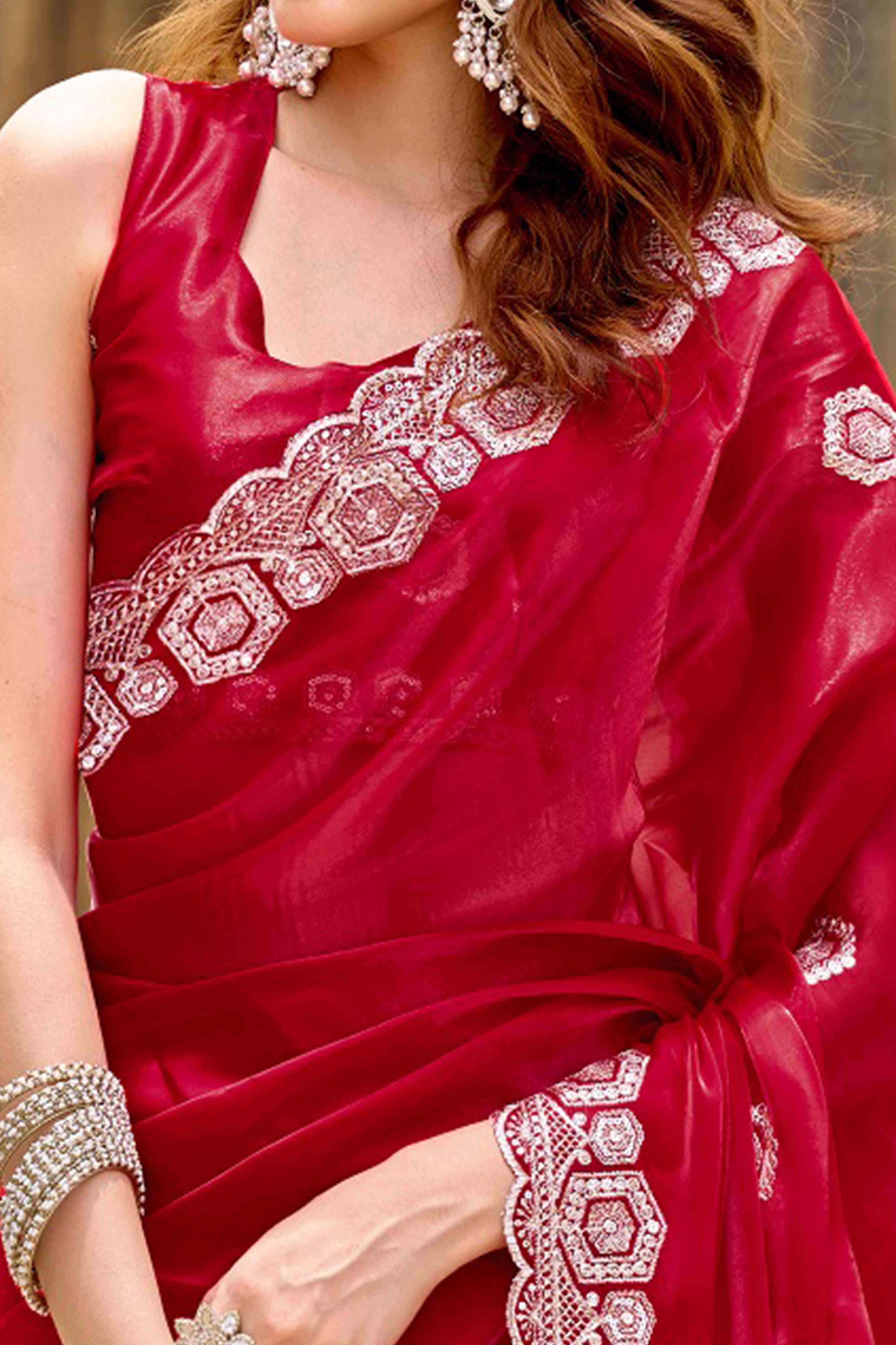 Shimmering Red Chiffon Saree with Delicate Sequins Work - Image 2
