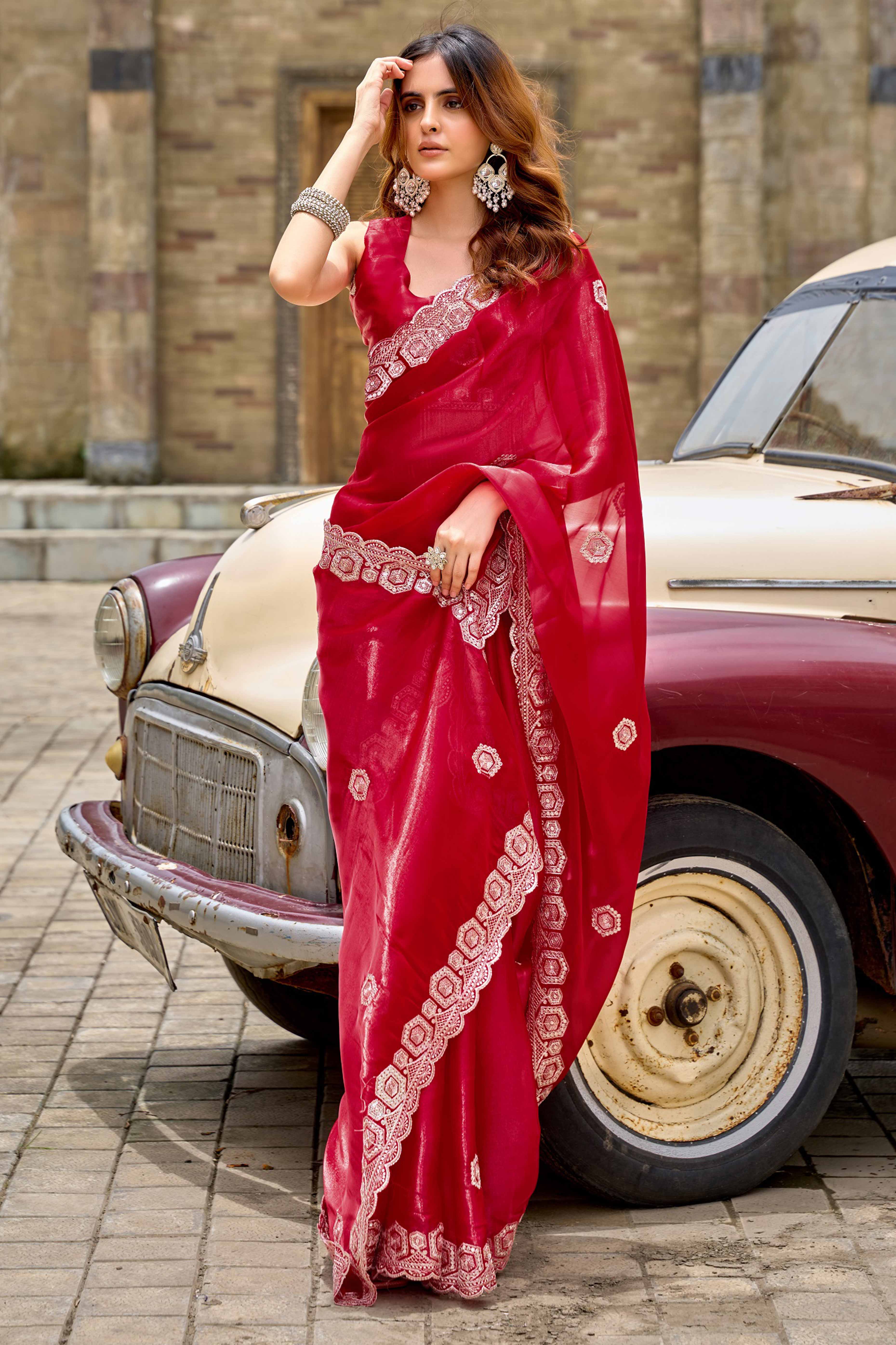 Shimmering Red Chiffon Saree with Delicate Sequins Work - Image 3