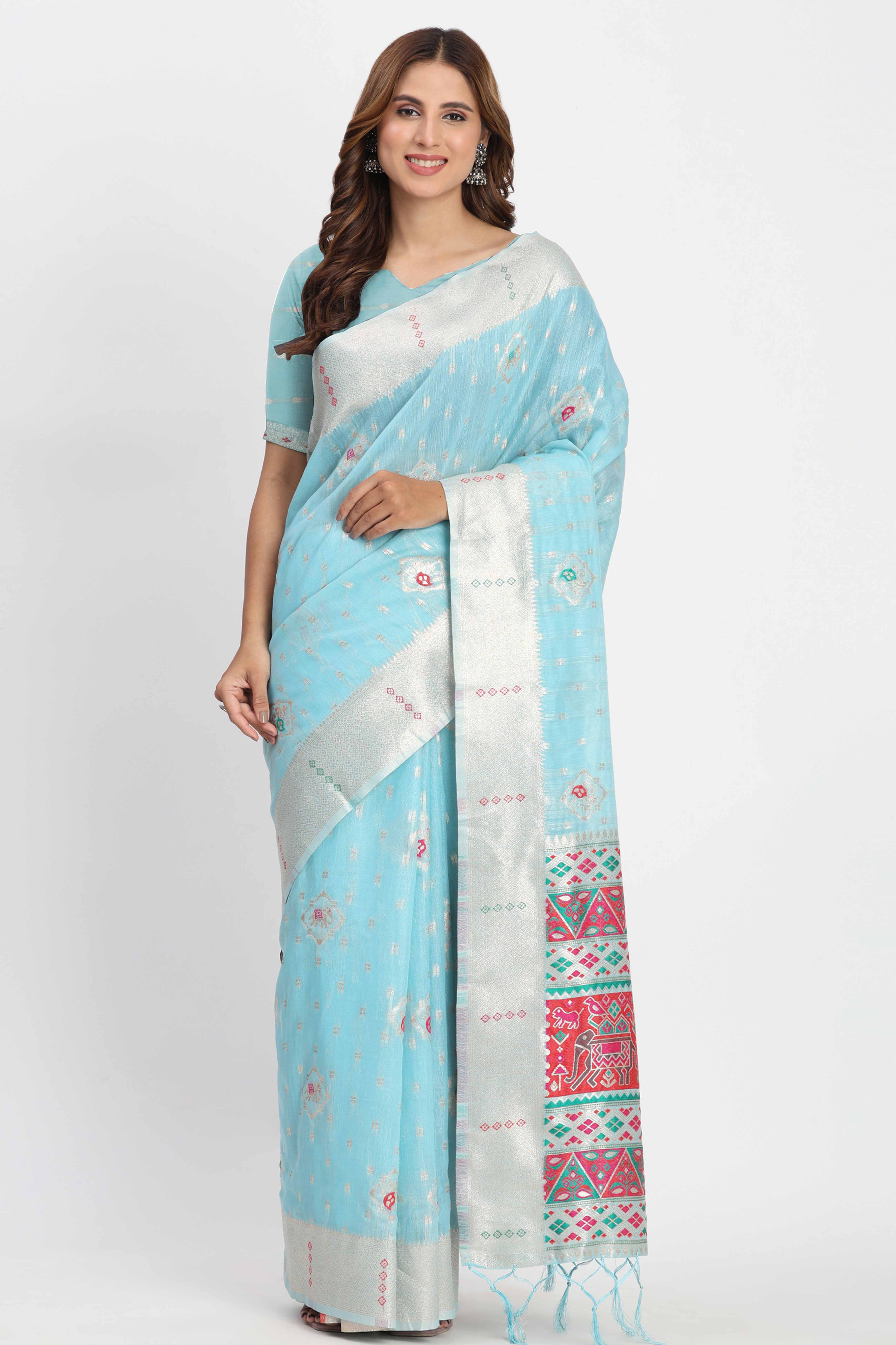 Shimmering Sky Blue linen Cotton Saree Embellished With Rich Zari Weaving And Tassels Pallu - Image 3