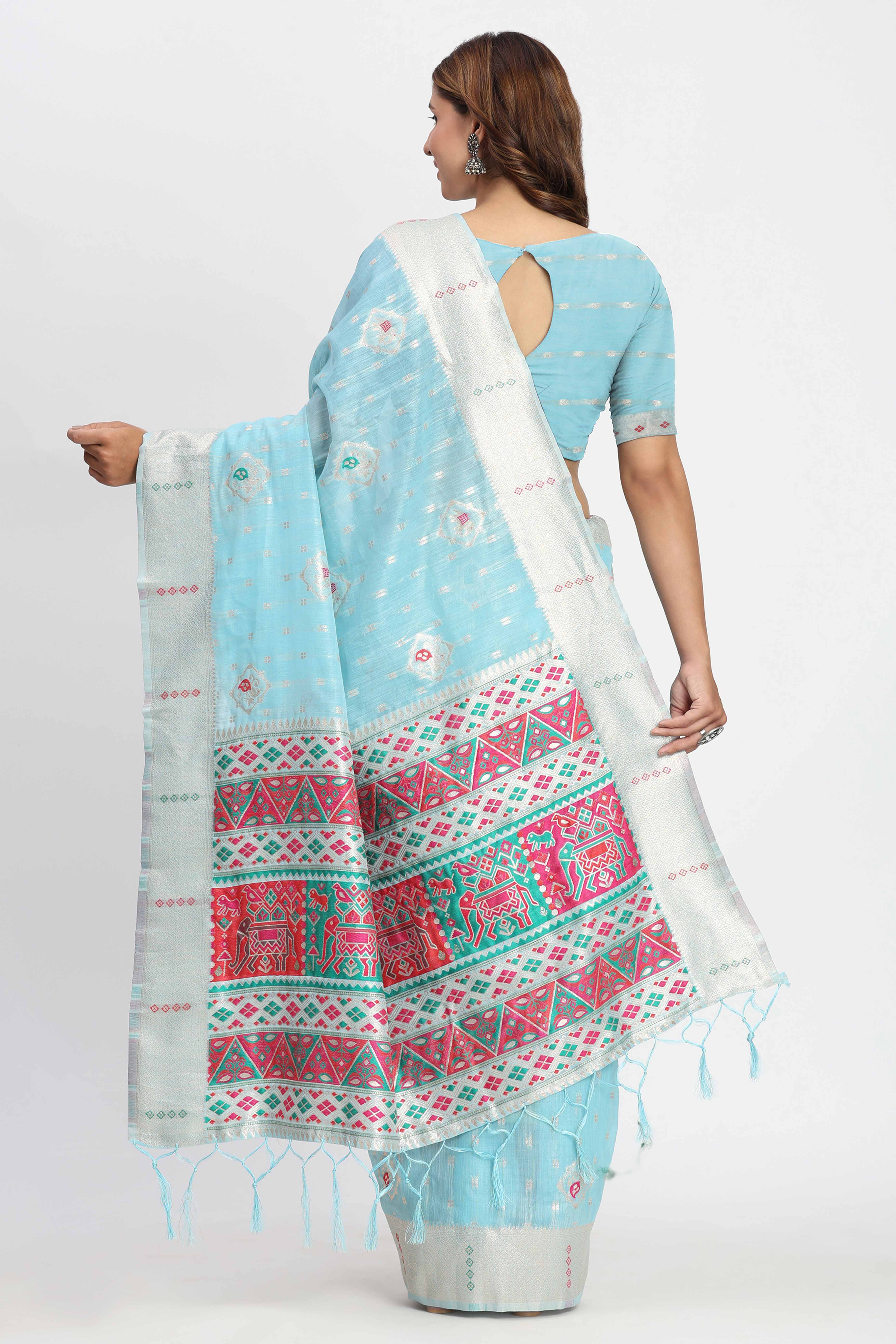Shimmering Sky Blue linen Cotton Saree Embellished With Rich Zari Weaving And Tassels Pallu - Image 6