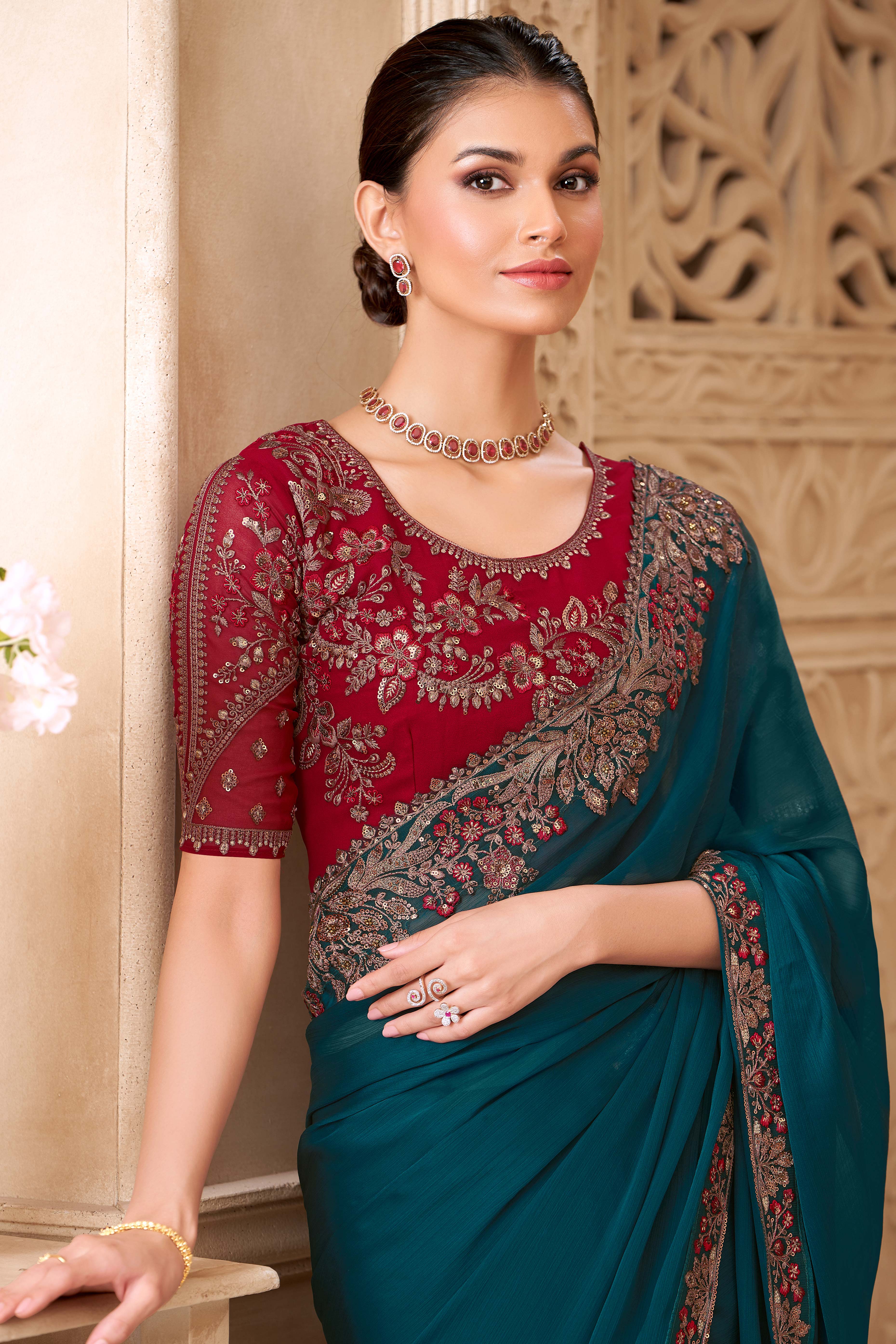 Shimmering Teal Georgette Saree with Graceful Thread Embellishment and Sequins - Image 3