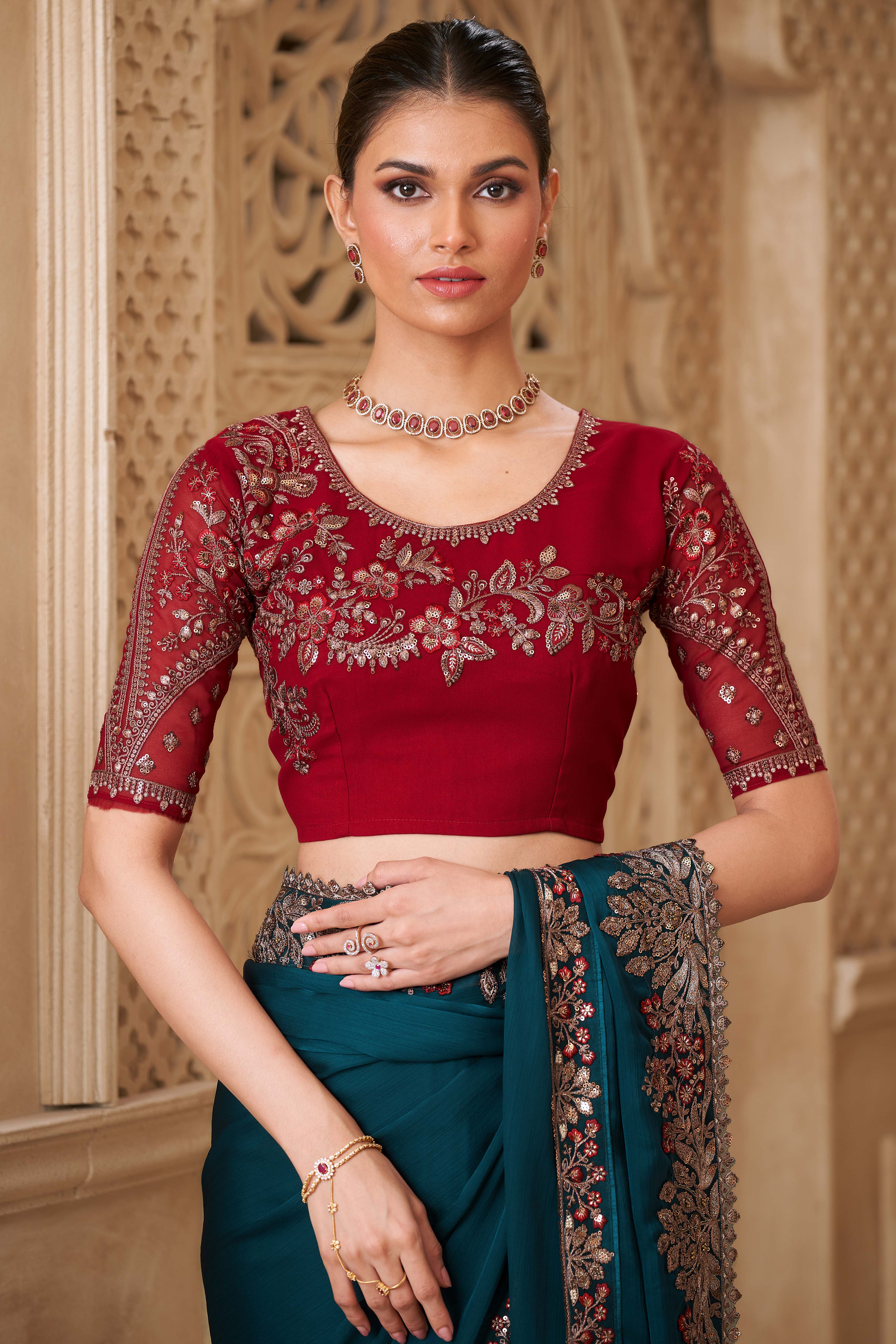 Shimmering Teal Georgette Saree with Graceful Thread Embellishment and Sequins - Image 4