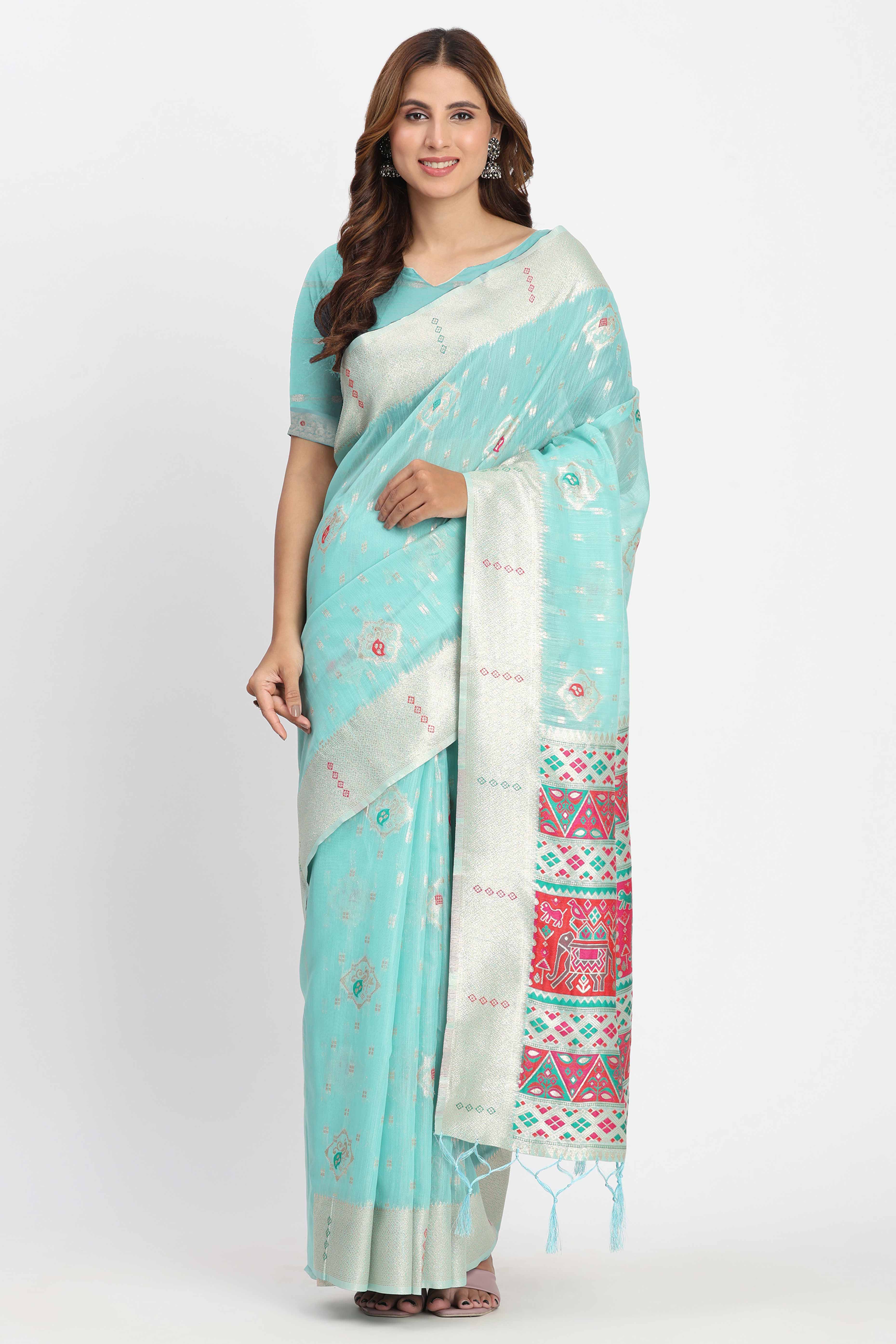 Shimmering Turquoise linen Cotton Saree Embellished With Rich Zari Weaving And Tassels Pallu - Image 3