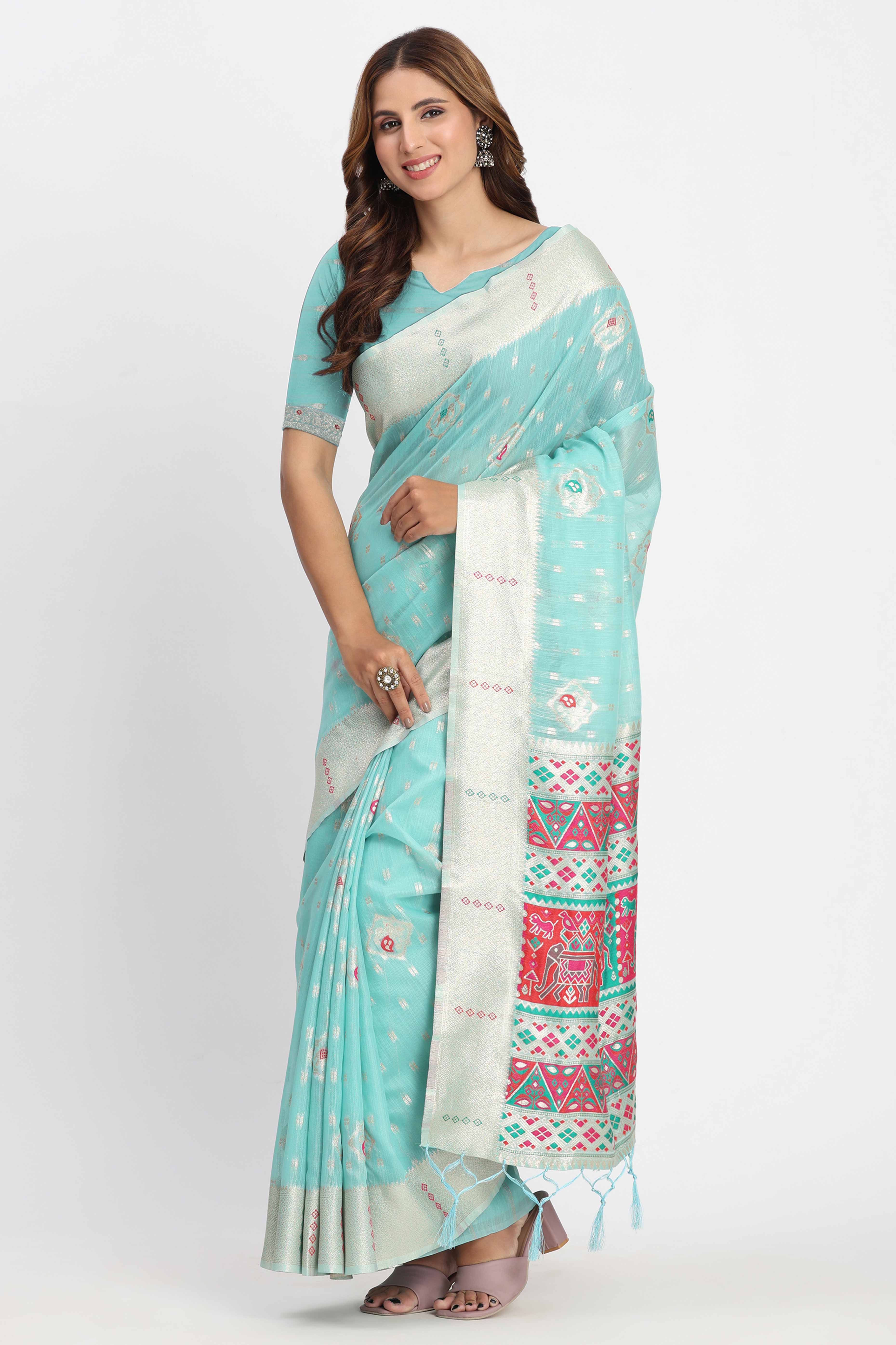 Shimmering Turquoise linen Cotton Saree Embellished With Rich Zari Weaving And Tassels Pallu - Image 4