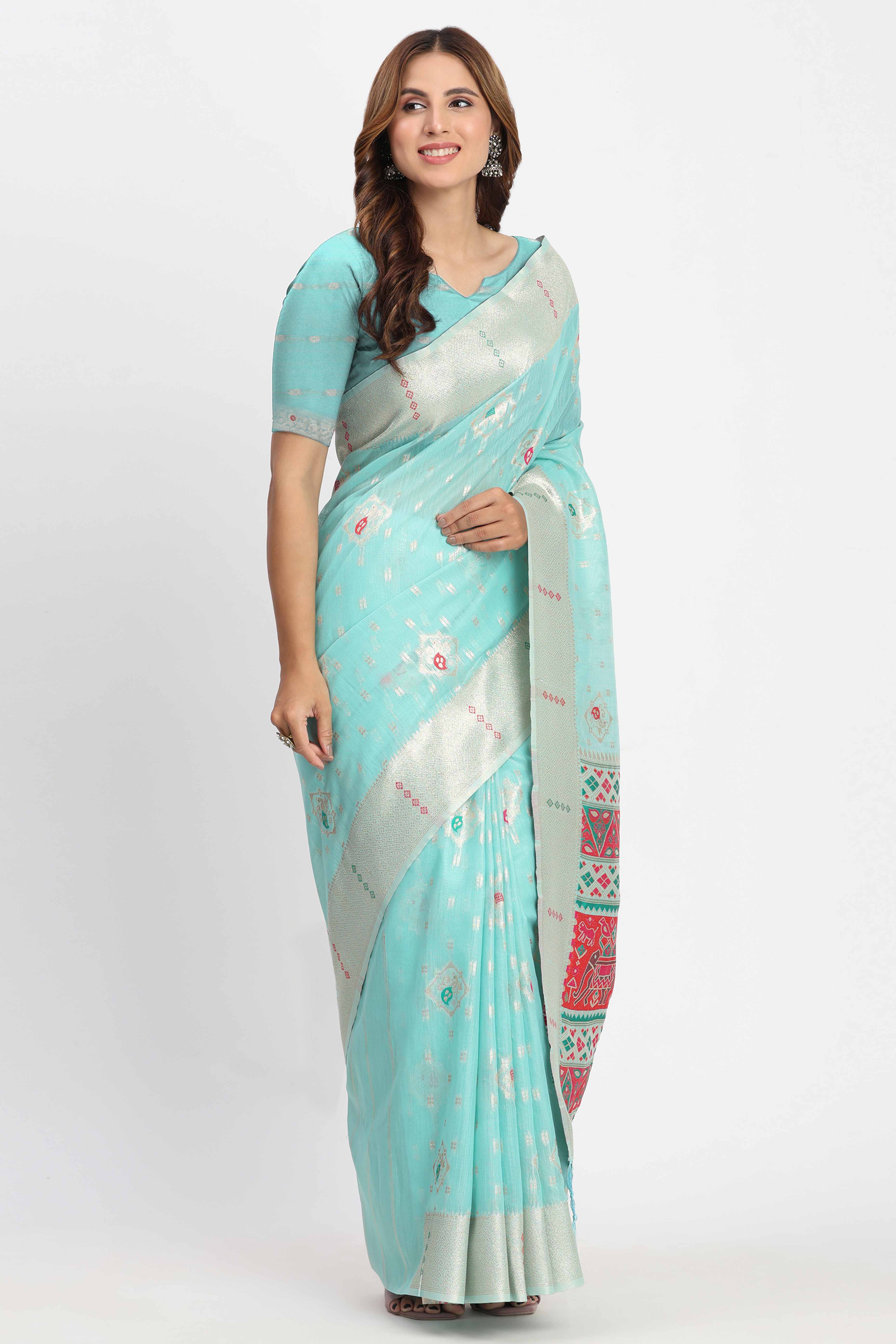 Shimmering Turquoise linen Cotton Saree Embellished With Rich Zari Weaving And Tassels Pallu - Image 5
