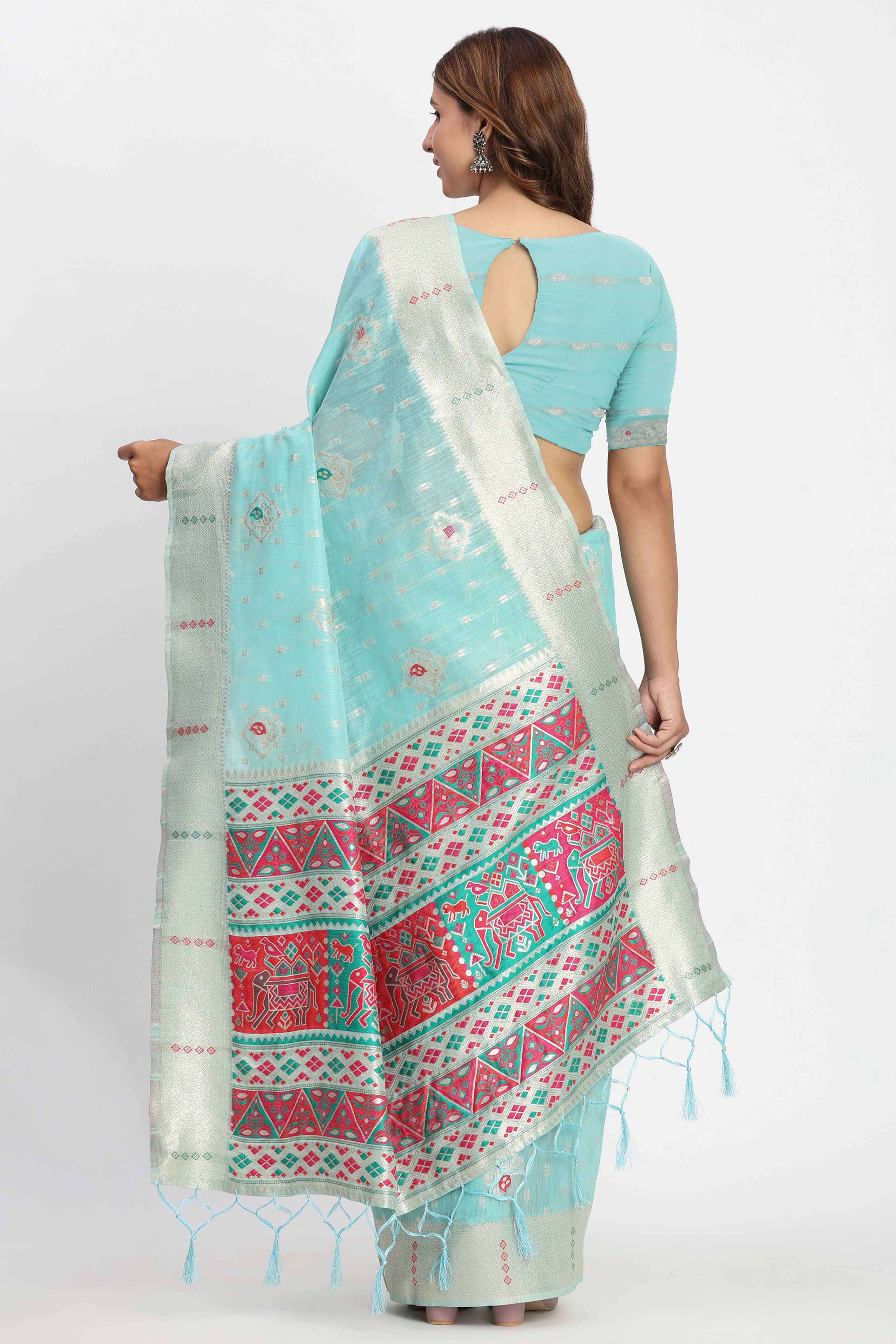 Shimmering Turquoise linen Cotton Saree Embellished With Rich Zari Weaving And Tassels Pallu - Image 6