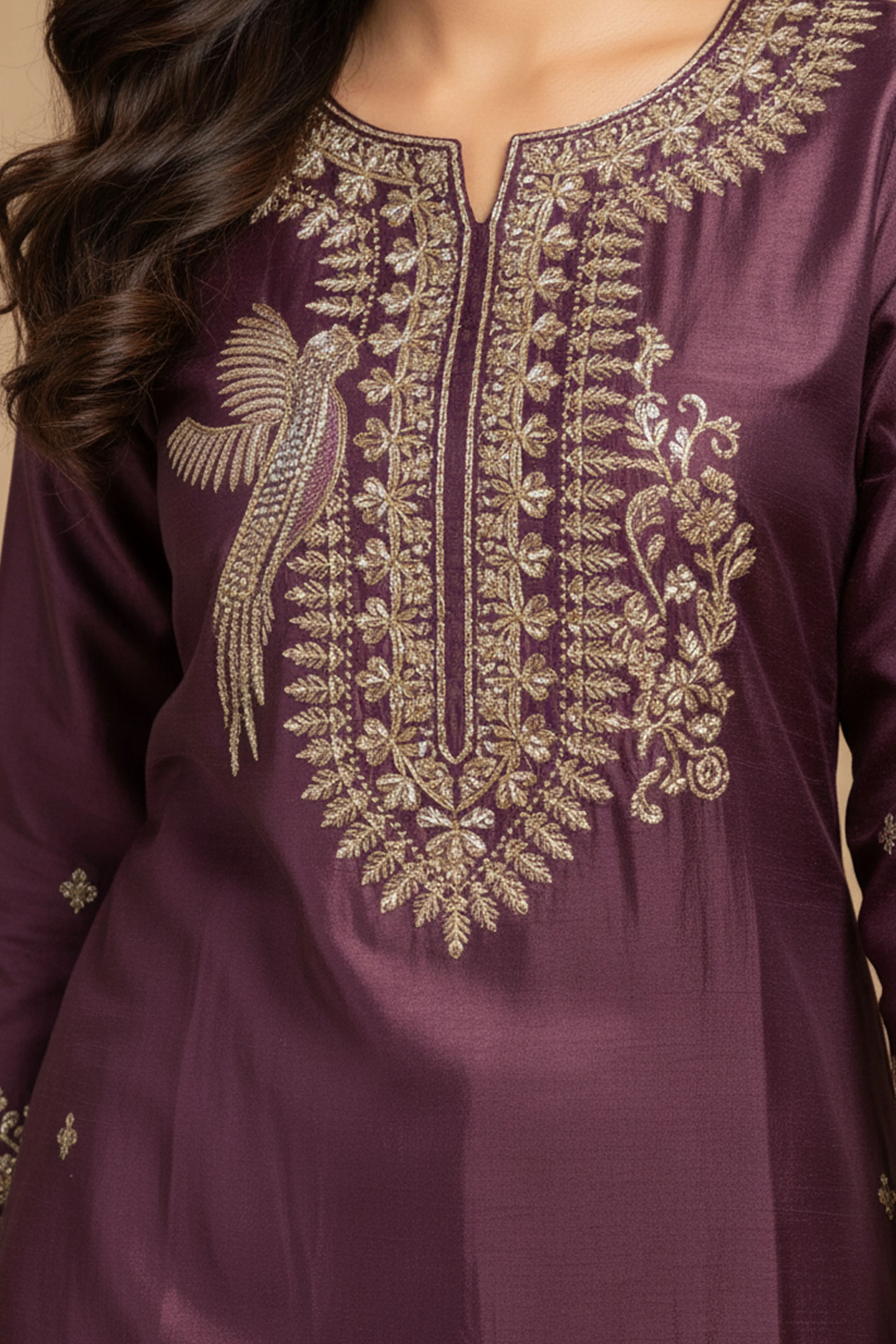 Shimmering Wine Co-ord Set in Viscose Blend with Embroidered Detailing - Image 2