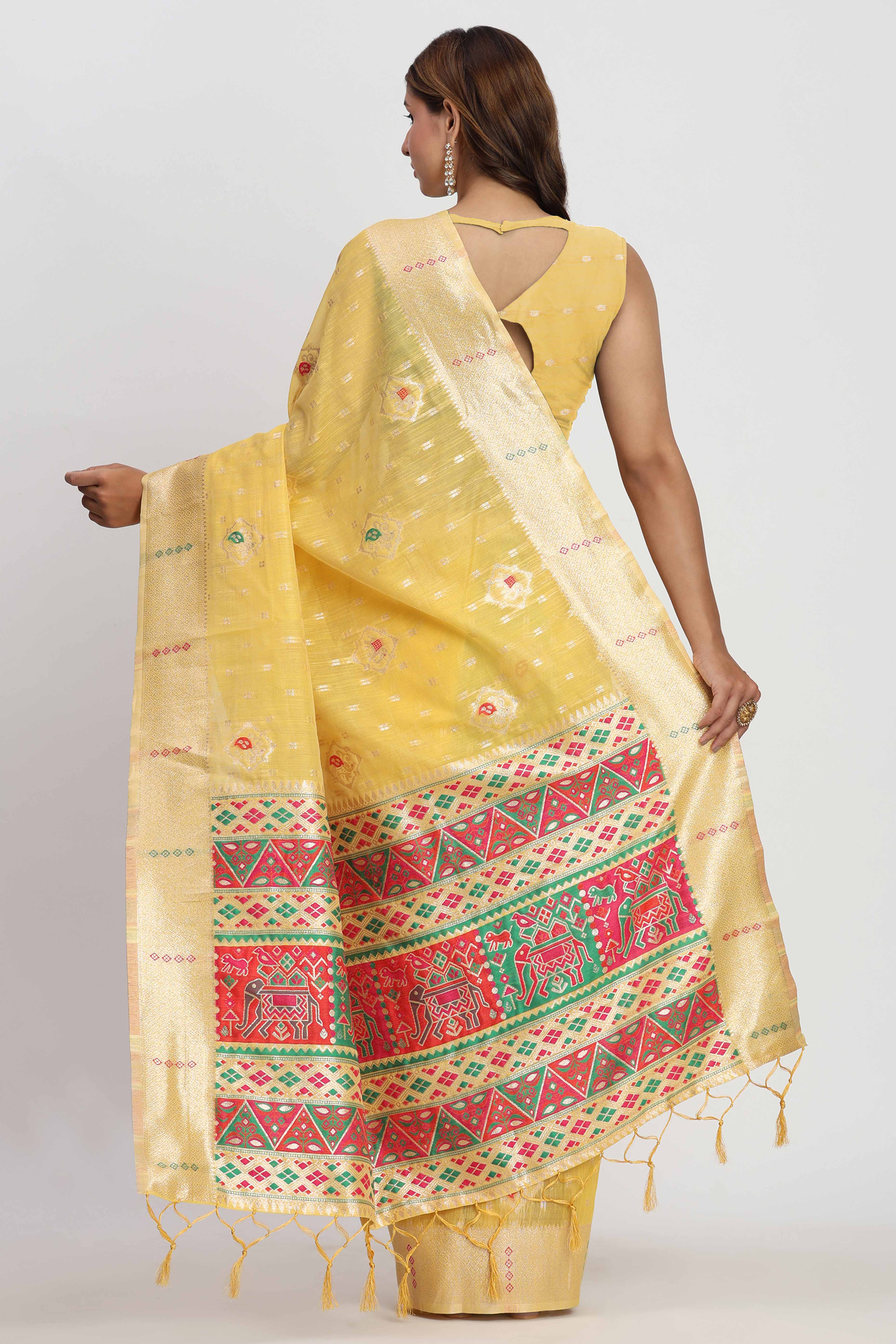 Shimmering Yellow linen Cotton Saree Embellished With Rich Zari Weaving And Tassels Pallu - Image 6