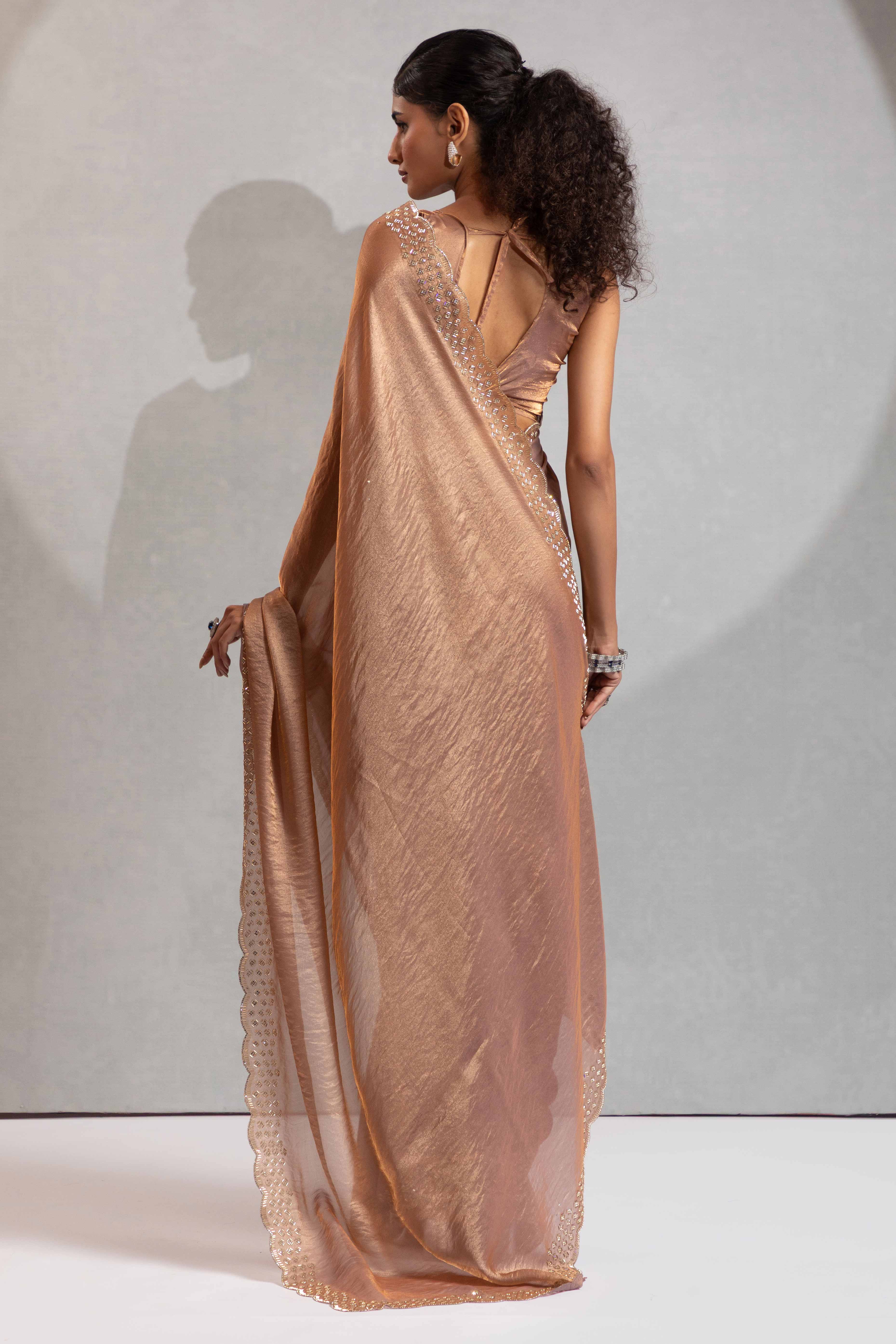 Shimmery Brown Satin Saree with Glamorous Stone Embellishment - Image 4