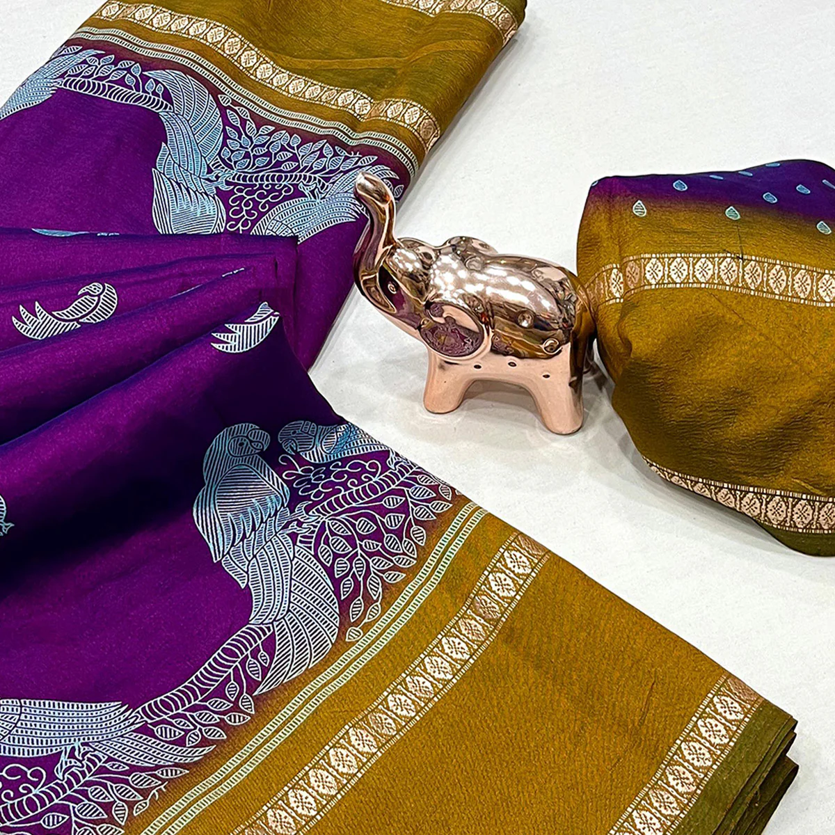 Silk Blend Saree in Deep Purple with Abstract Print and Intricate Woven Border - Image 2