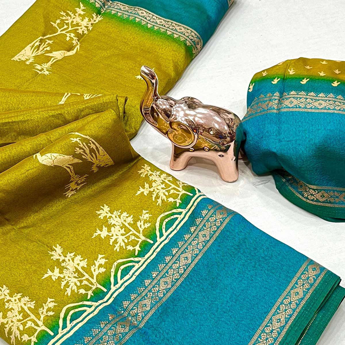 Silk Blend Saree in Yellow with Abstract Print and Intricate Woven Border - Image 2