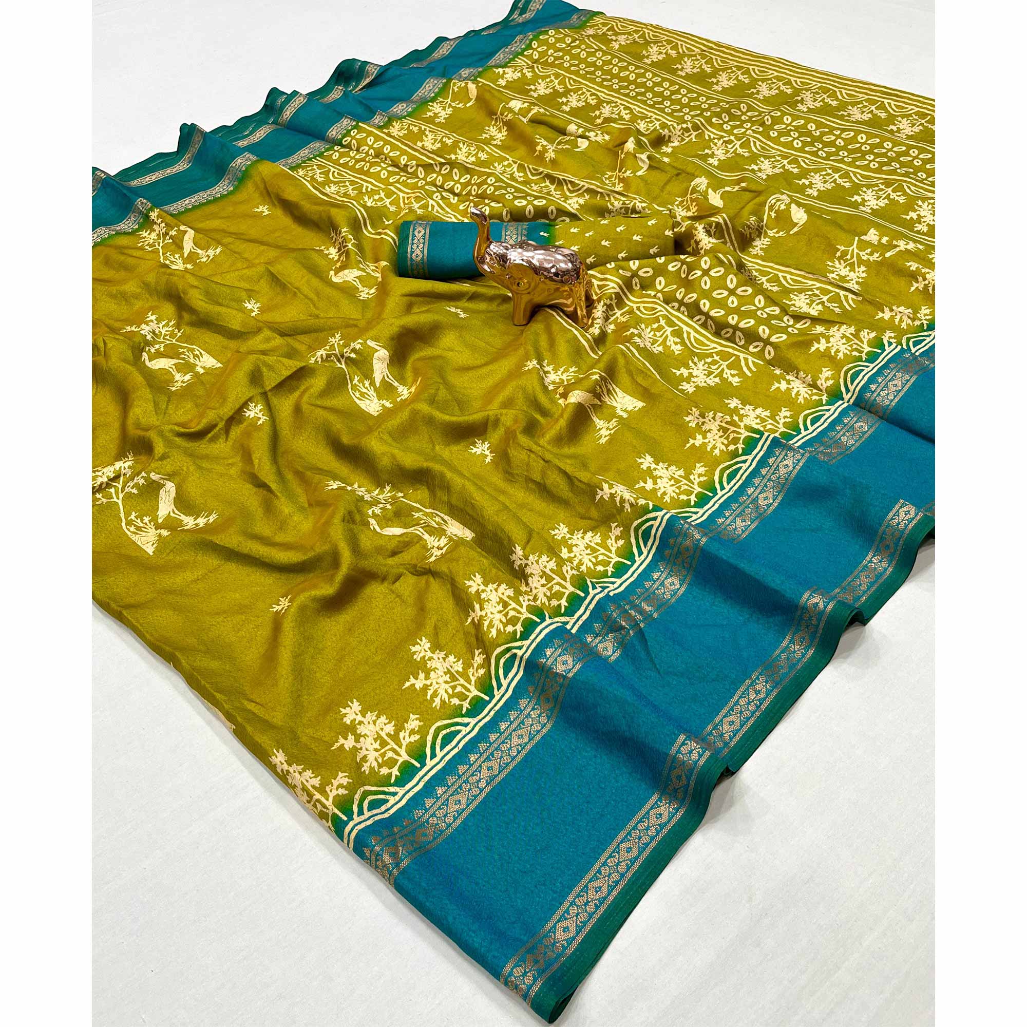 Silk Blend Saree in Yellow with Abstract Print and Intricate Woven Border - Image 3