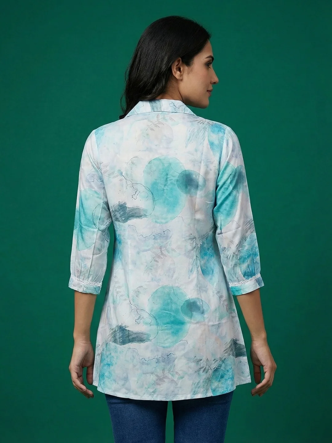Sky Blue Abstract Print Rayon Tunic Top with Lace Detail - Image 4
