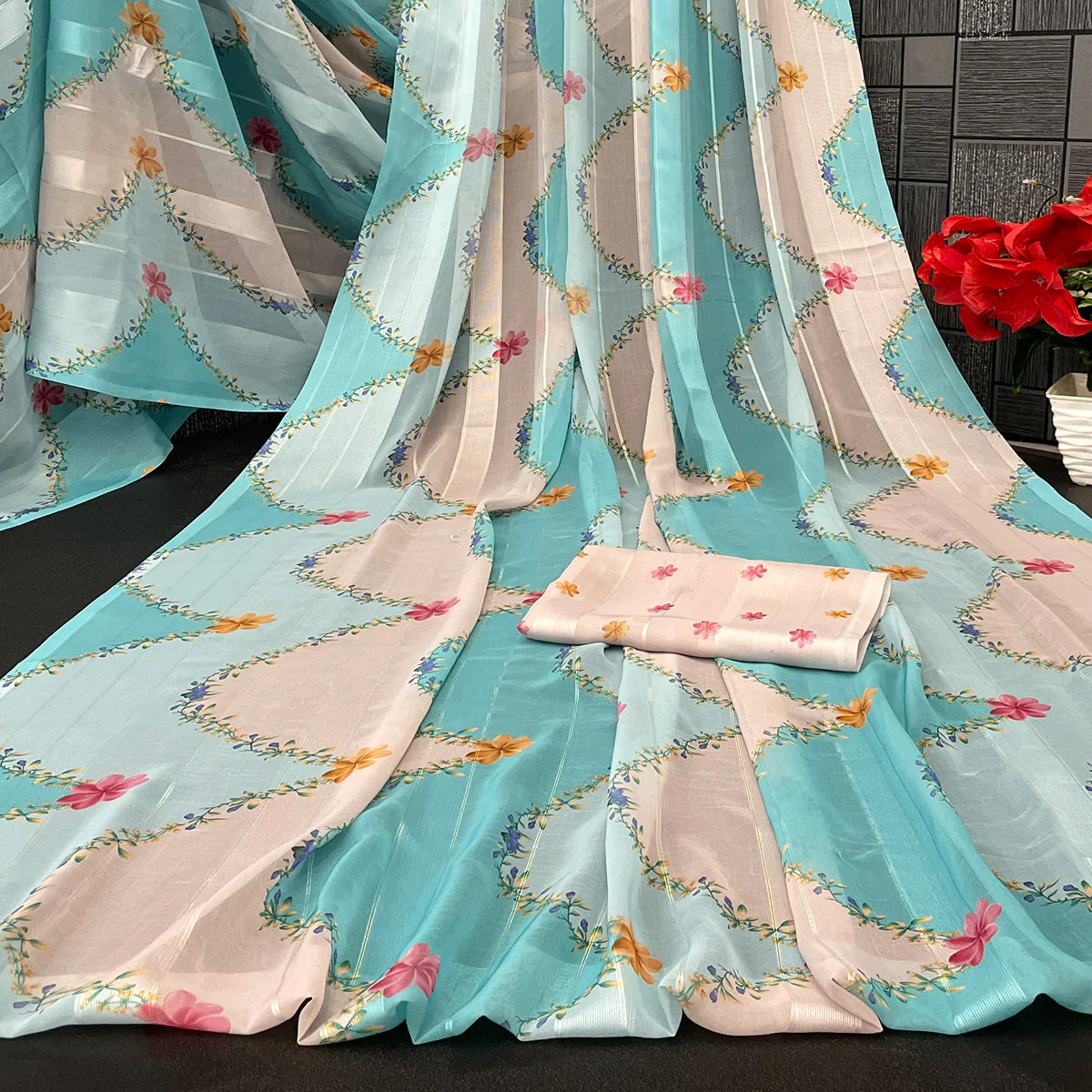 Sky Blue Bloom Floral Digital Printed Georgette Saree Accentuated With Graceful Zari Stripes - Image 2