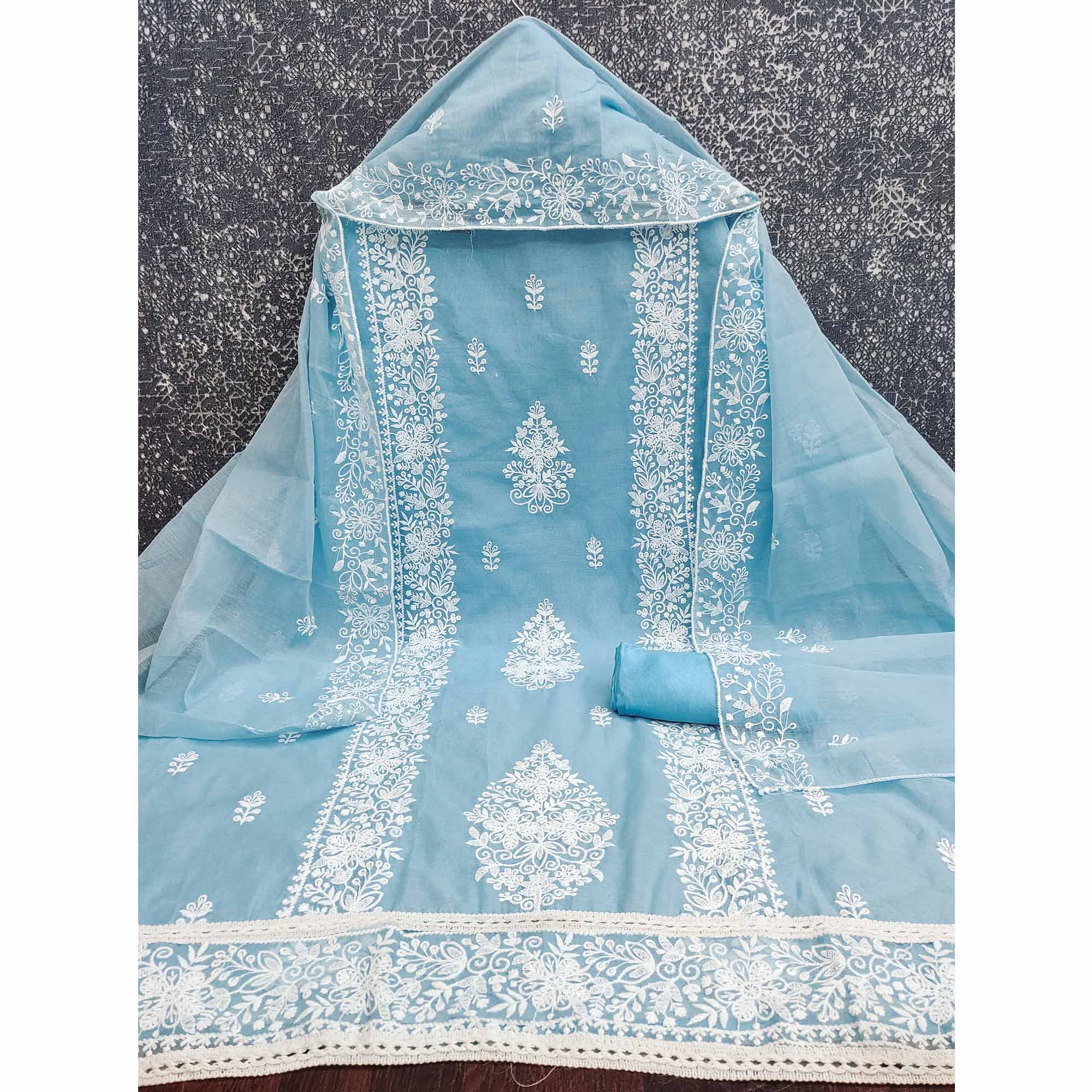 Sky Blue Chanderi Cotton Dress Material With Graceful Floral Thread Embroidery - Image 4