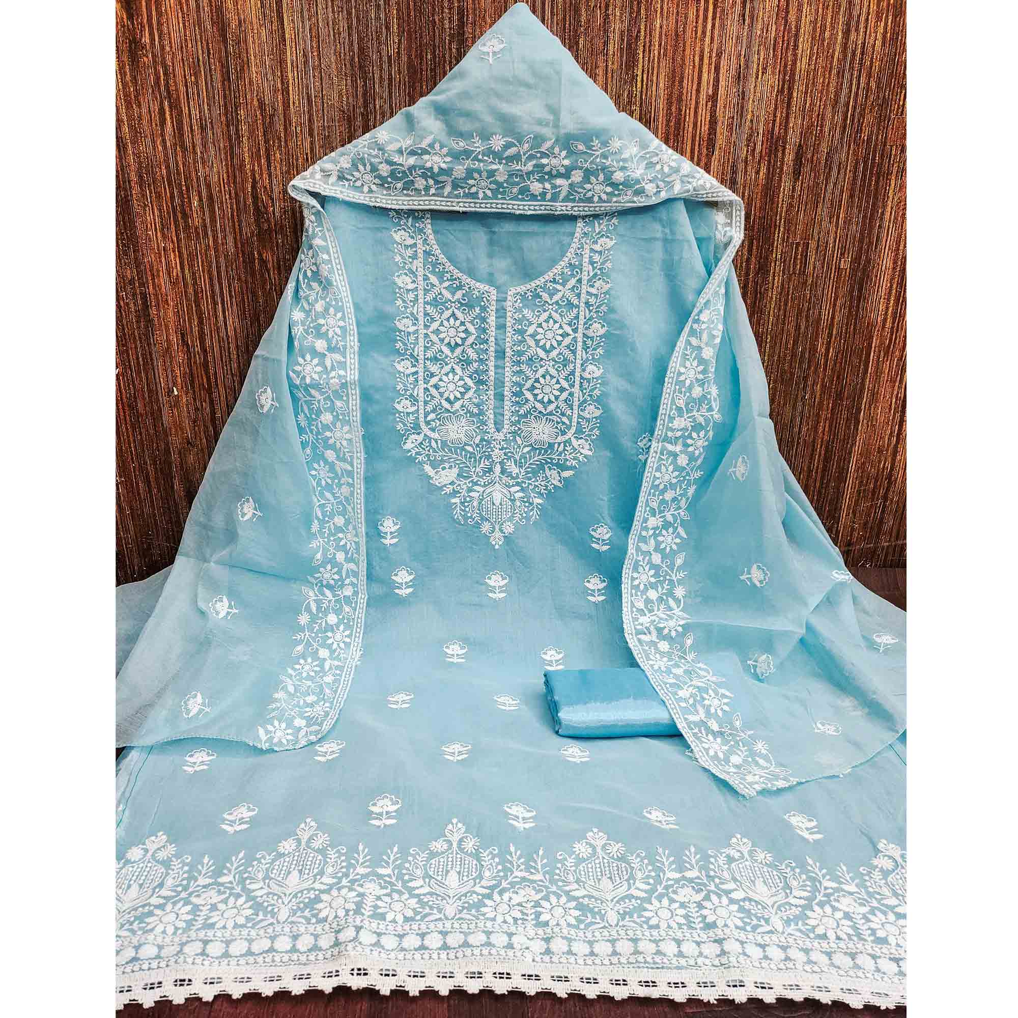 Sky Blue Chanderi Silk Dress Material Enhanced with Delicate Floral Thread Embroidery - Image 3