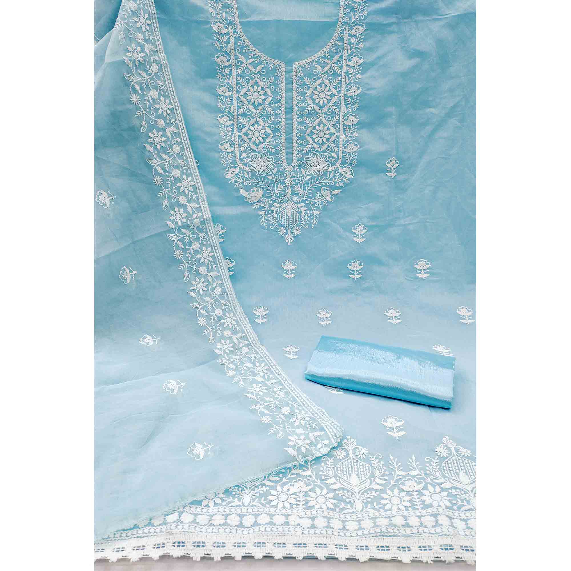 Sky Blue Chanderi Silk Dress Material Enhanced with Delicate Floral Thread Embroidery - Image 4