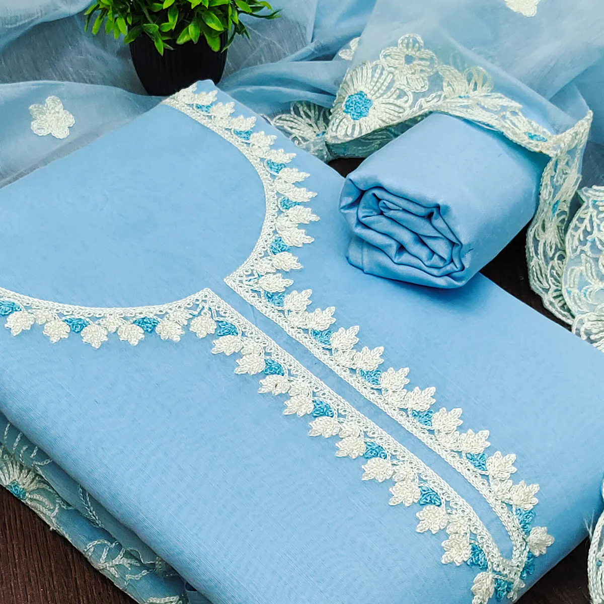 Sky Blue Chanderi Silk Dress Material Enhanced With Floral Thread Embroidered Work - Image 2