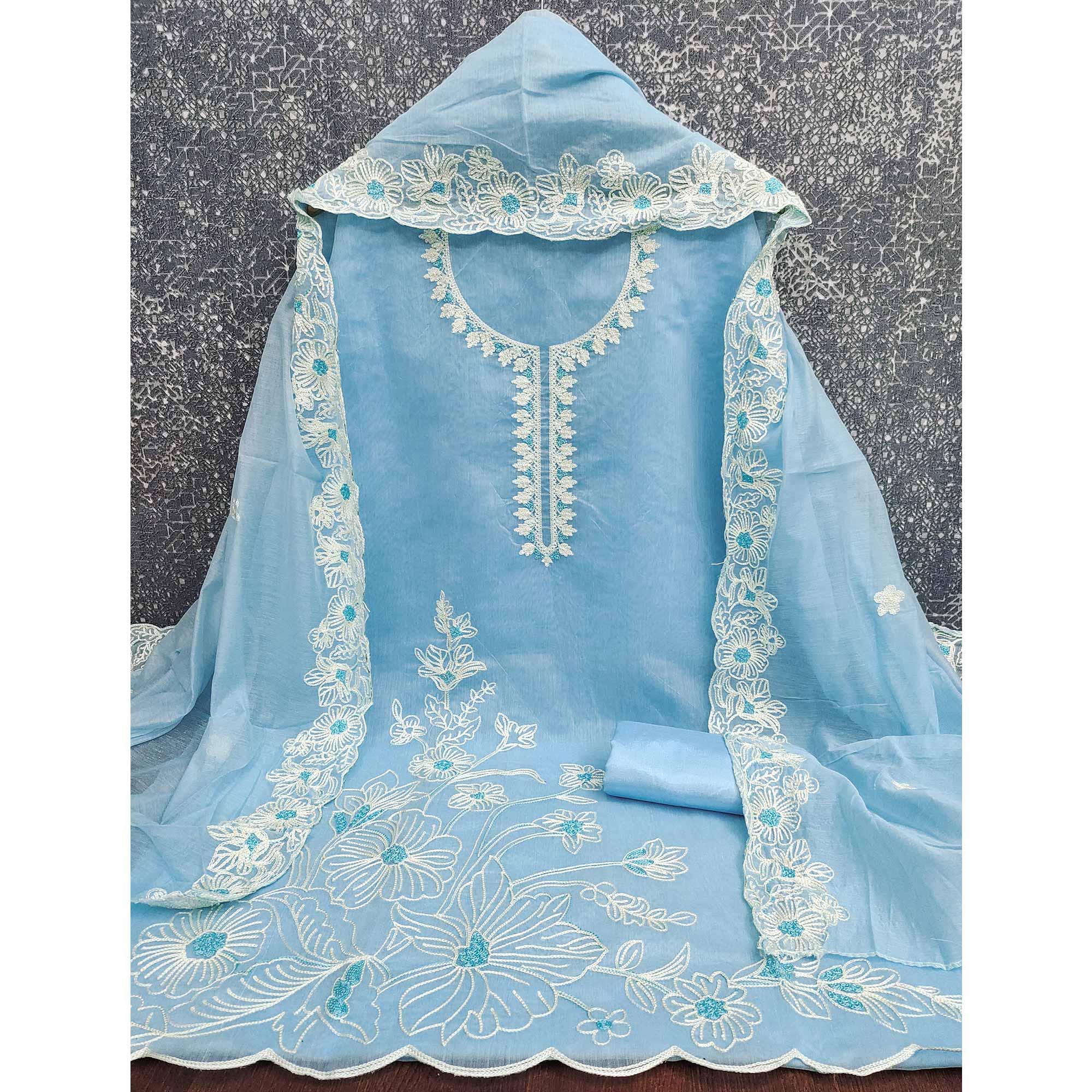 Sky Blue Chanderi Silk Dress Material Enhanced With Floral Thread Embroidered Work - Image 4