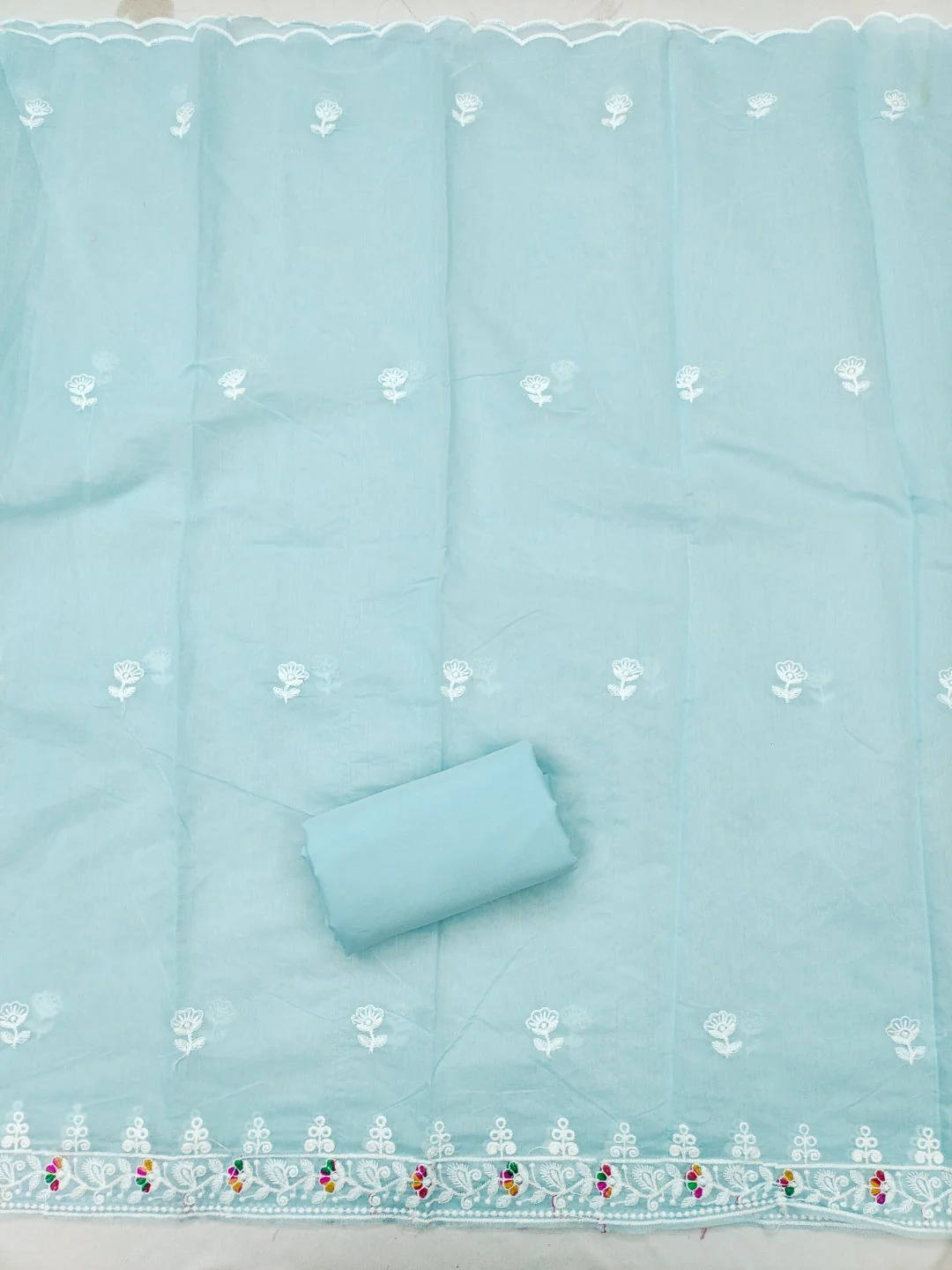 Sky Blue Chanderi Silk Dress Material with Embroidery and Intricate Thread Detailing - Image 2