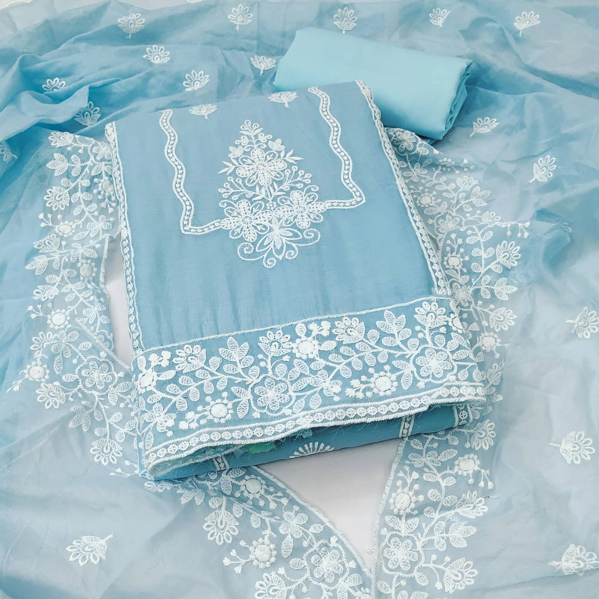 Sky Blue Chanderi Silk Dress Material With Exquisite Floral Thread Embroidery