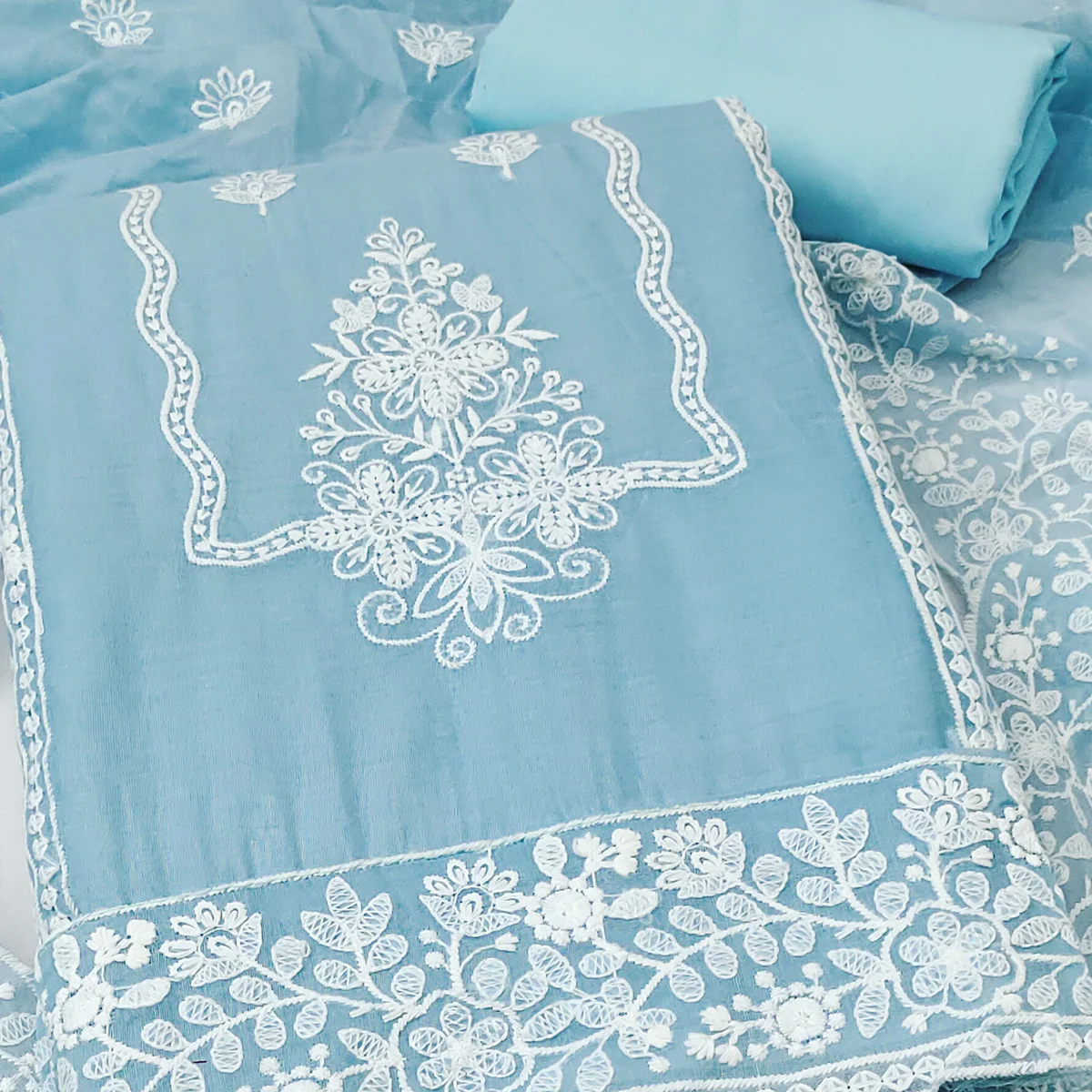Sky Blue Chanderi Silk Dress Material With Exquisite Floral Thread Embroidery - Image 2