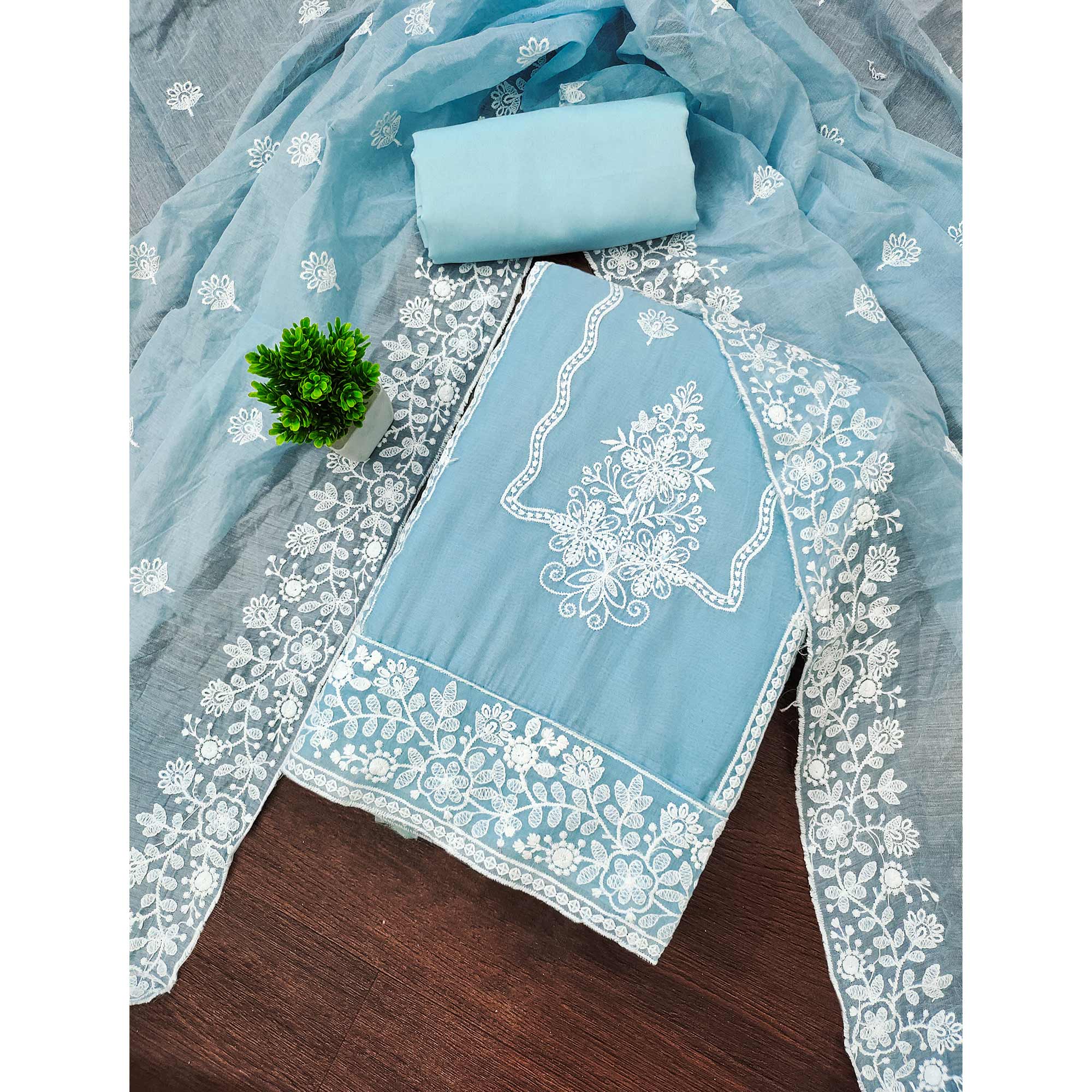 Sky Blue Chanderi Silk Dress Material With Exquisite Floral Thread Embroidery - Image 3