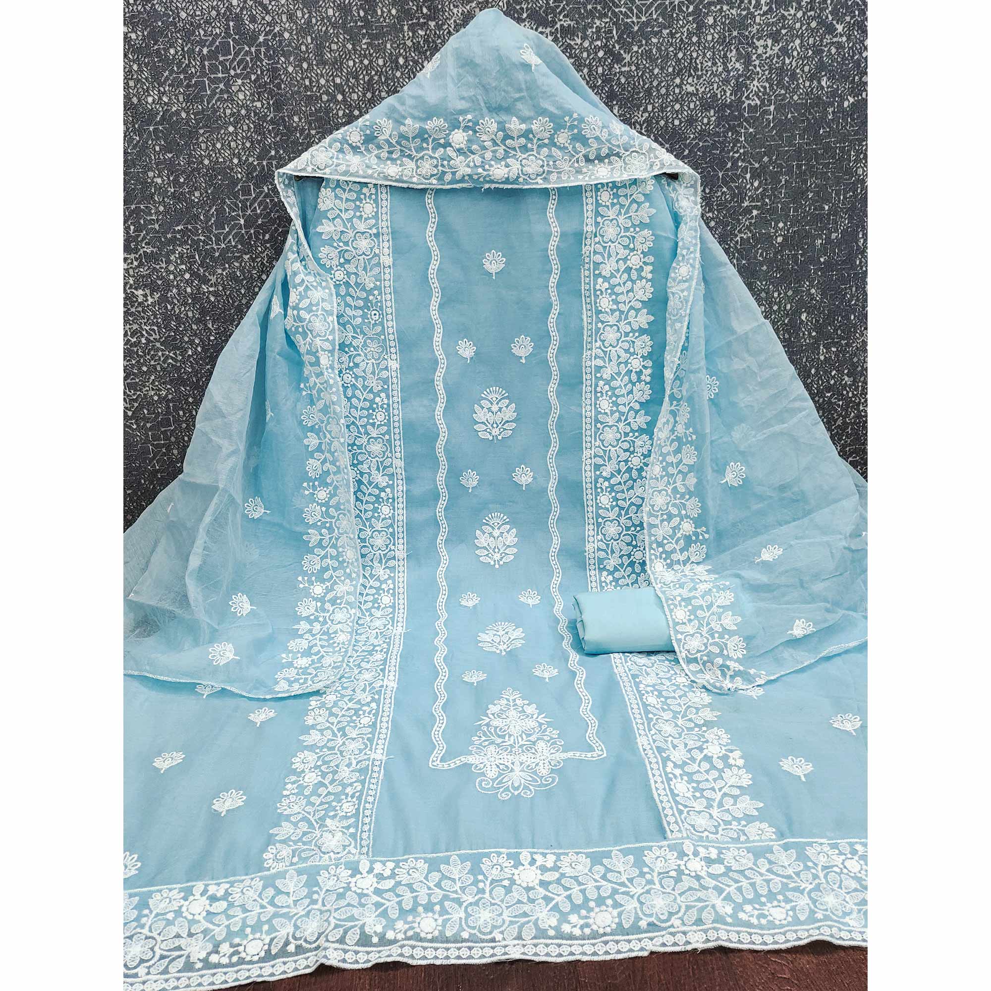 Sky Blue Chanderi Silk Dress Material With Exquisite Floral Thread Embroidery - Image 4