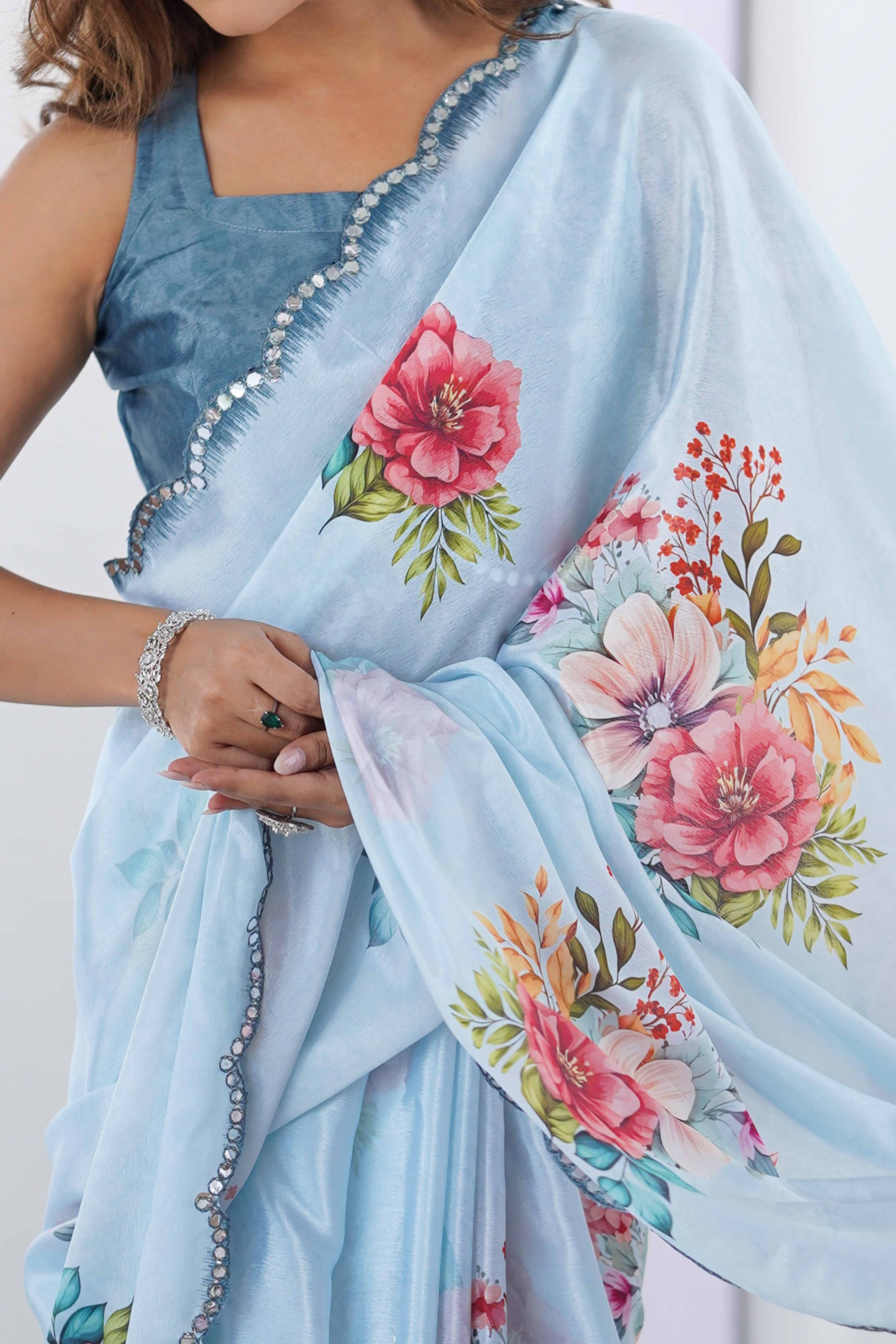 Sky Blue Chinon Saree with Glimmering Mirror Work and Floral Prints - Image 2
