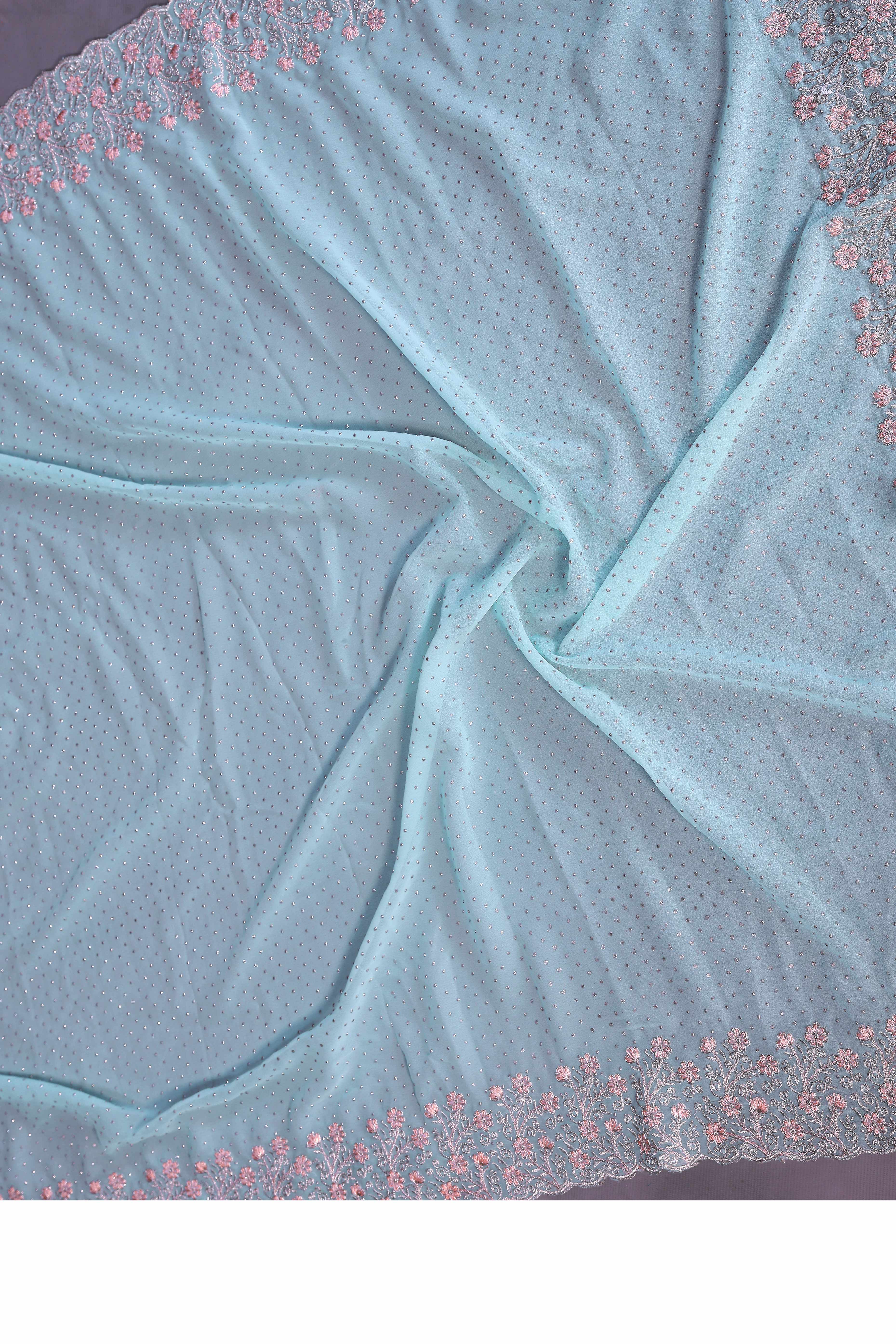 Sky Blue Designer Georgette Saree Enhanced with Delicate Thread Work Embroidery - Image 8