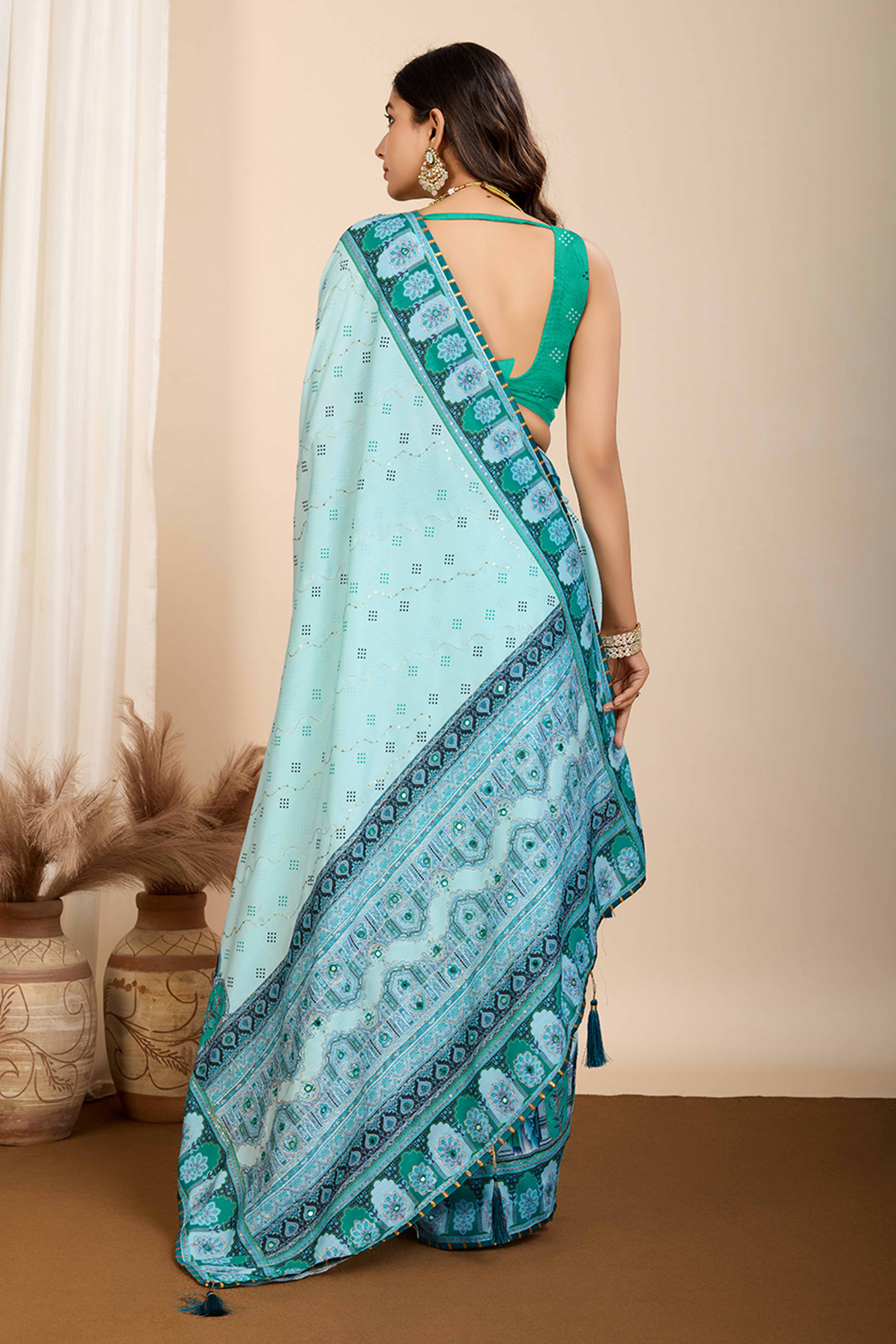 Sky Blue Digital Print with Embroidery Work Muslin Saree - Image 5