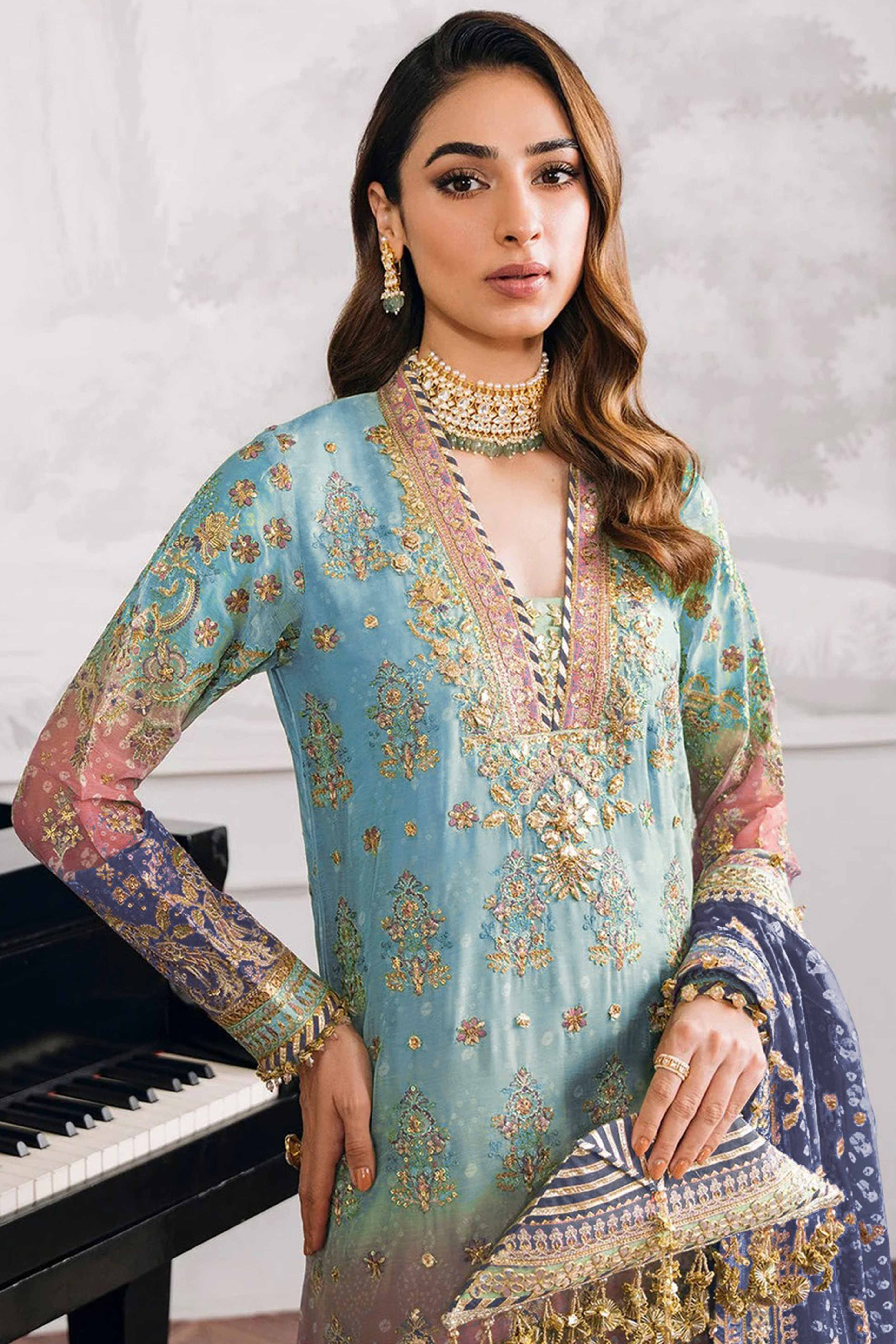 Sky Blue Digital Print With Sequins Embroidery Georgette Semi Stitched Pakistani Suit - Image 3
