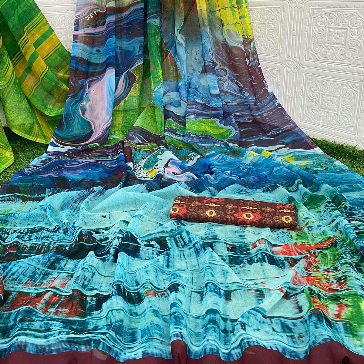 Sky Blue Digital Printed Georgette Saree - Image 2