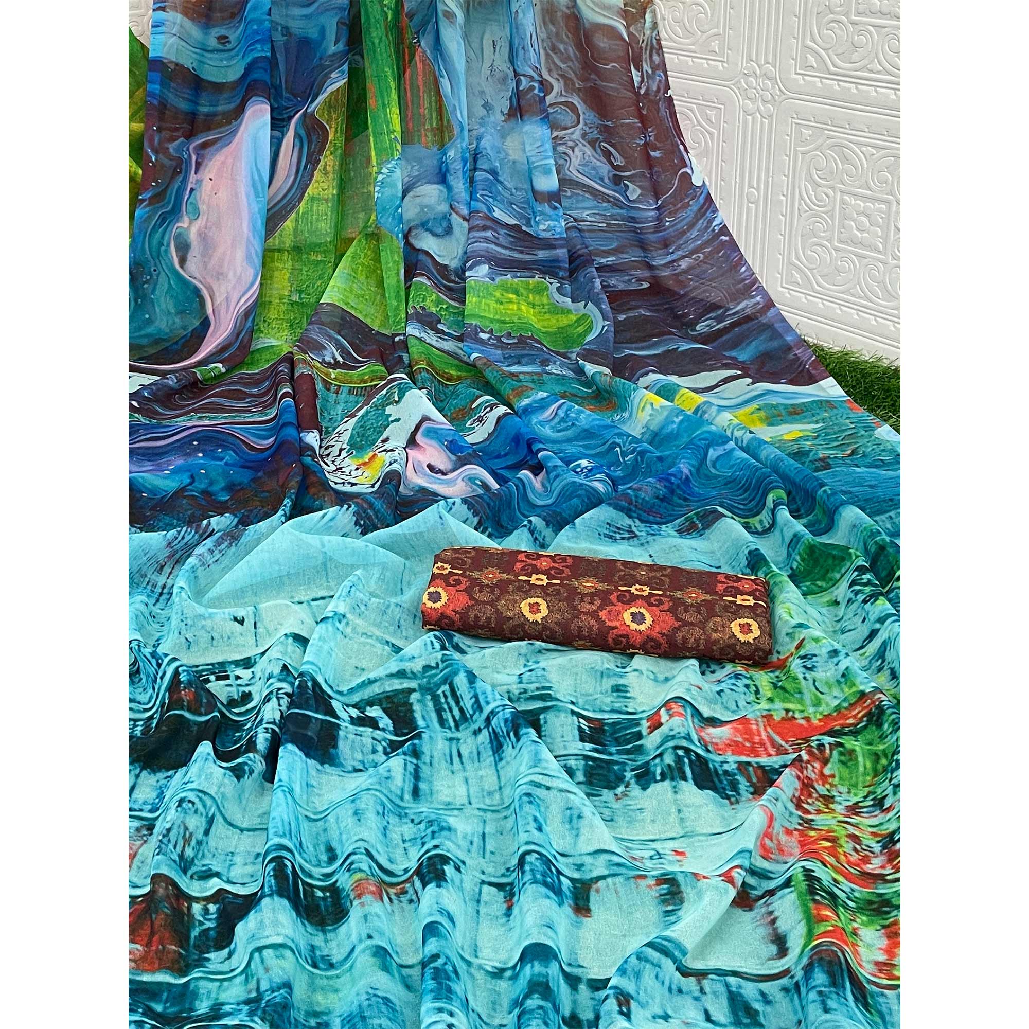Sky Blue Digital Printed Georgette Saree - Image 3