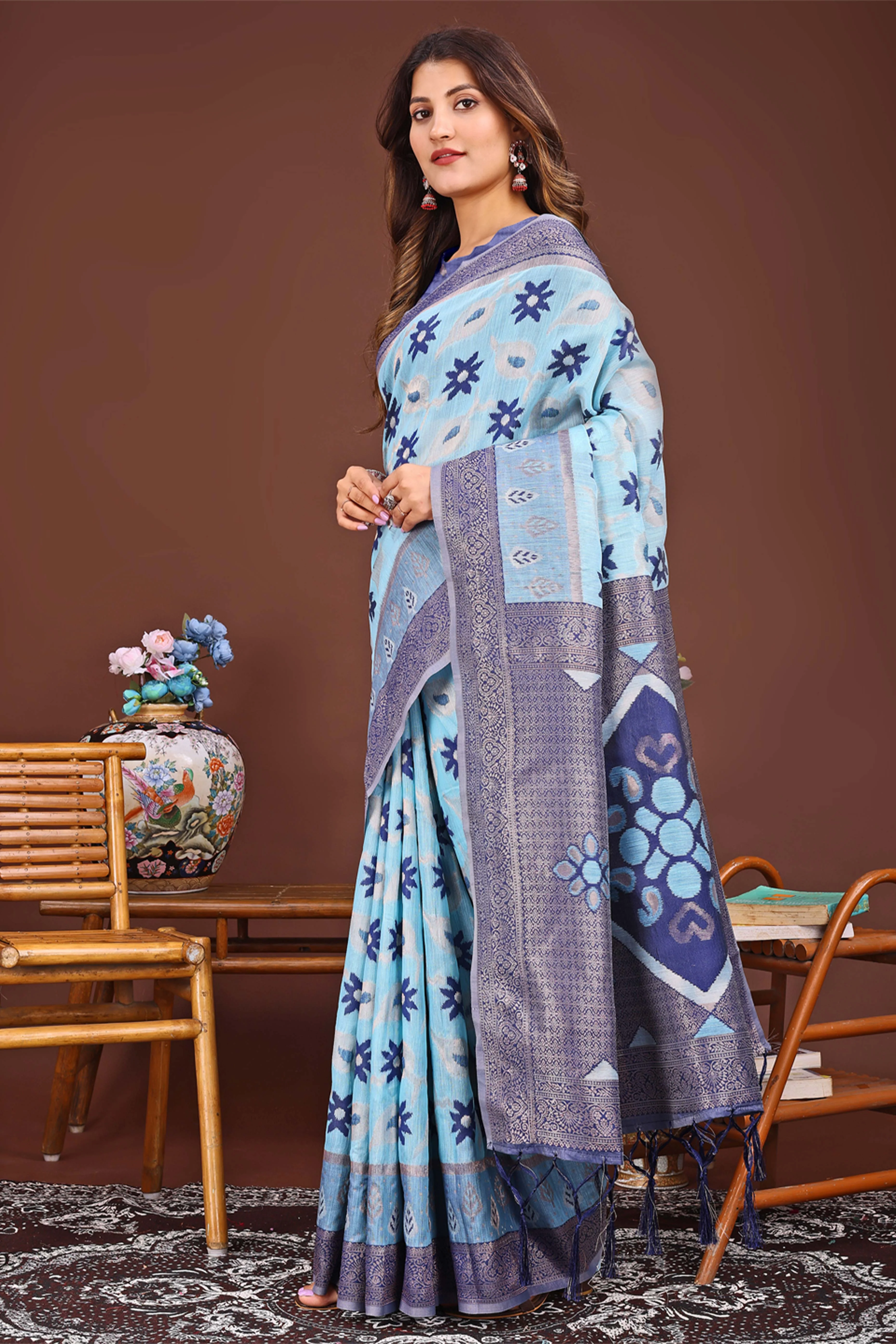Sky Blue Ethnic Saree in Linen Cotton Fabric with Intricate Floral Pattern Weaving - Image 3