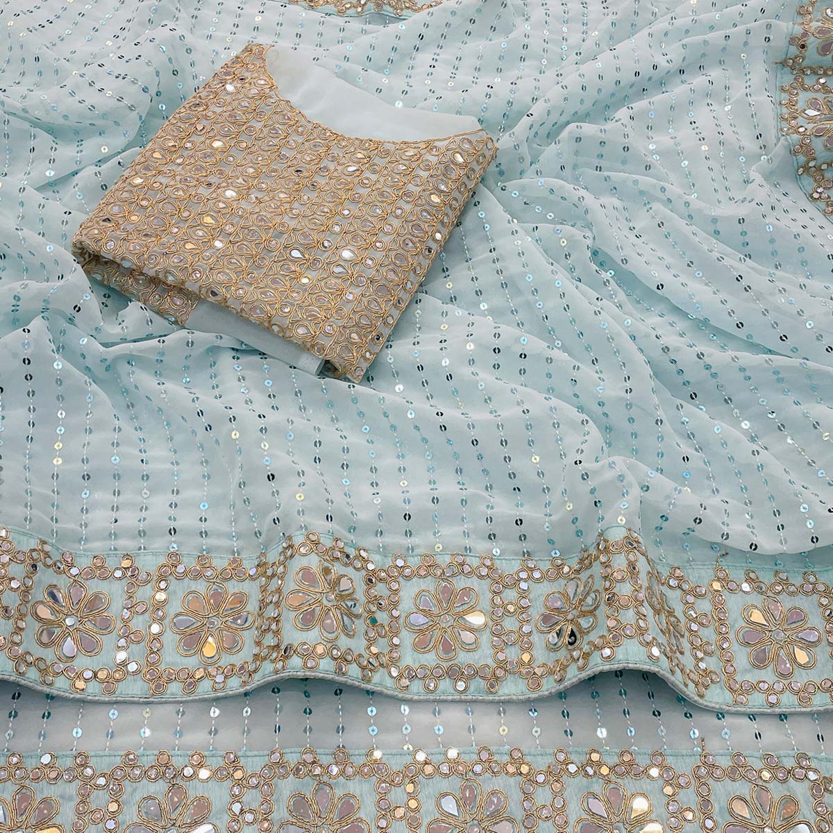 Sky Blue Faux Georgette Saree Adorned with Sequins Work and Elegant Embellishments - Image 2