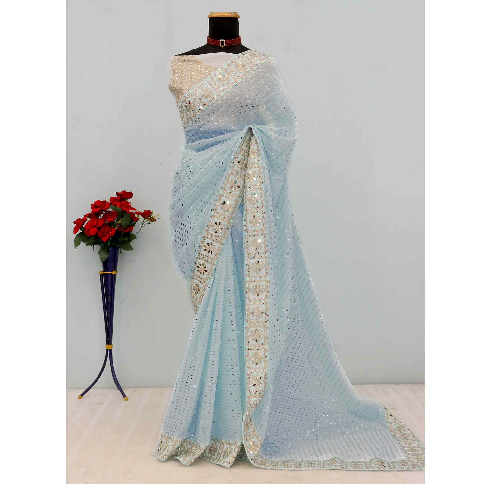Sky Blue Faux Georgette Saree Adorned with Sequins Work and Elegant Embellishments - Image 3